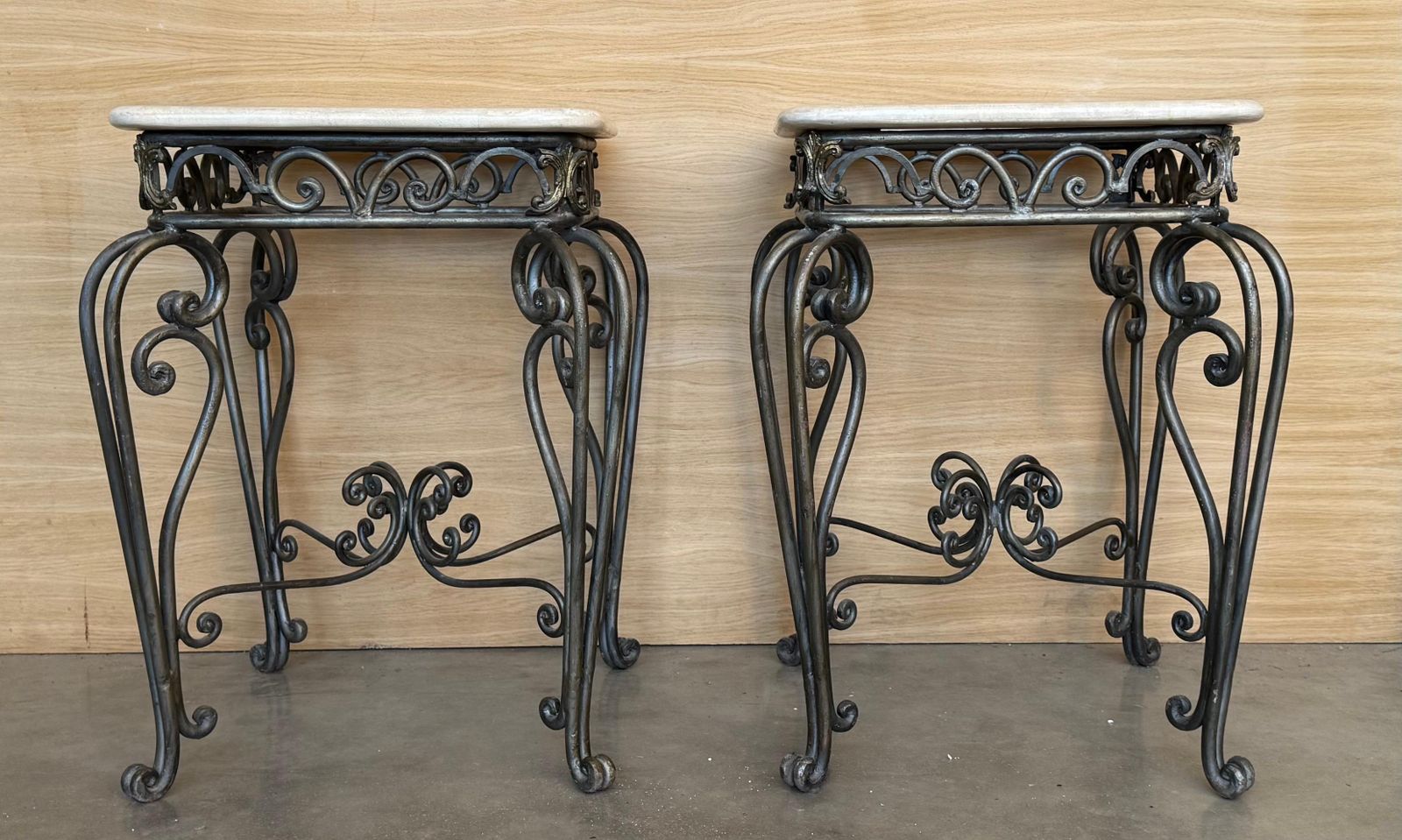 Pair Of Neoclassical Style Patinated Forged Iron Planter Stands With Marble Top photo for sale