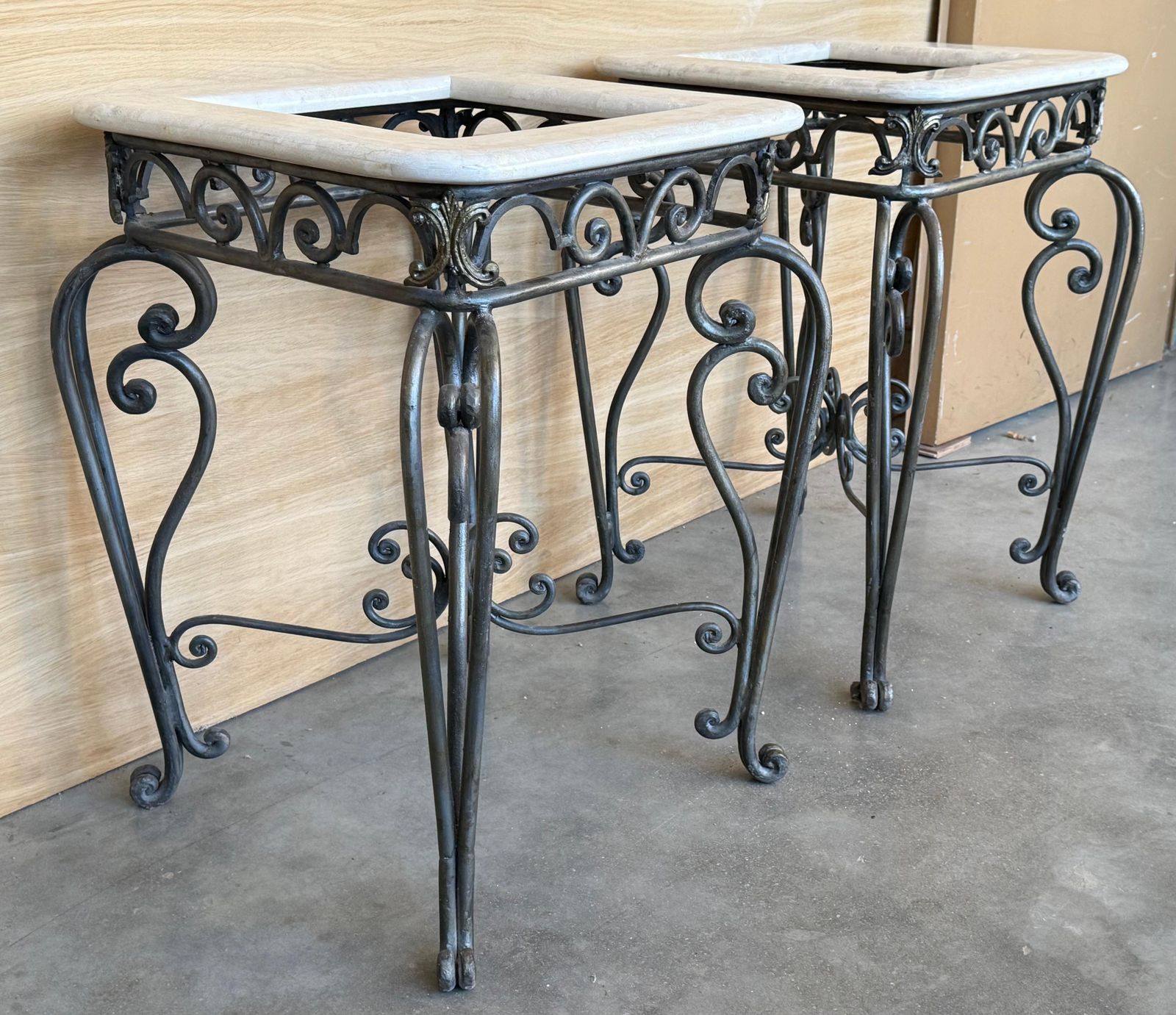 Pair Of Neoclassical Style Patinated Forged Iron Planter Stands With Marble Top photo vinterior