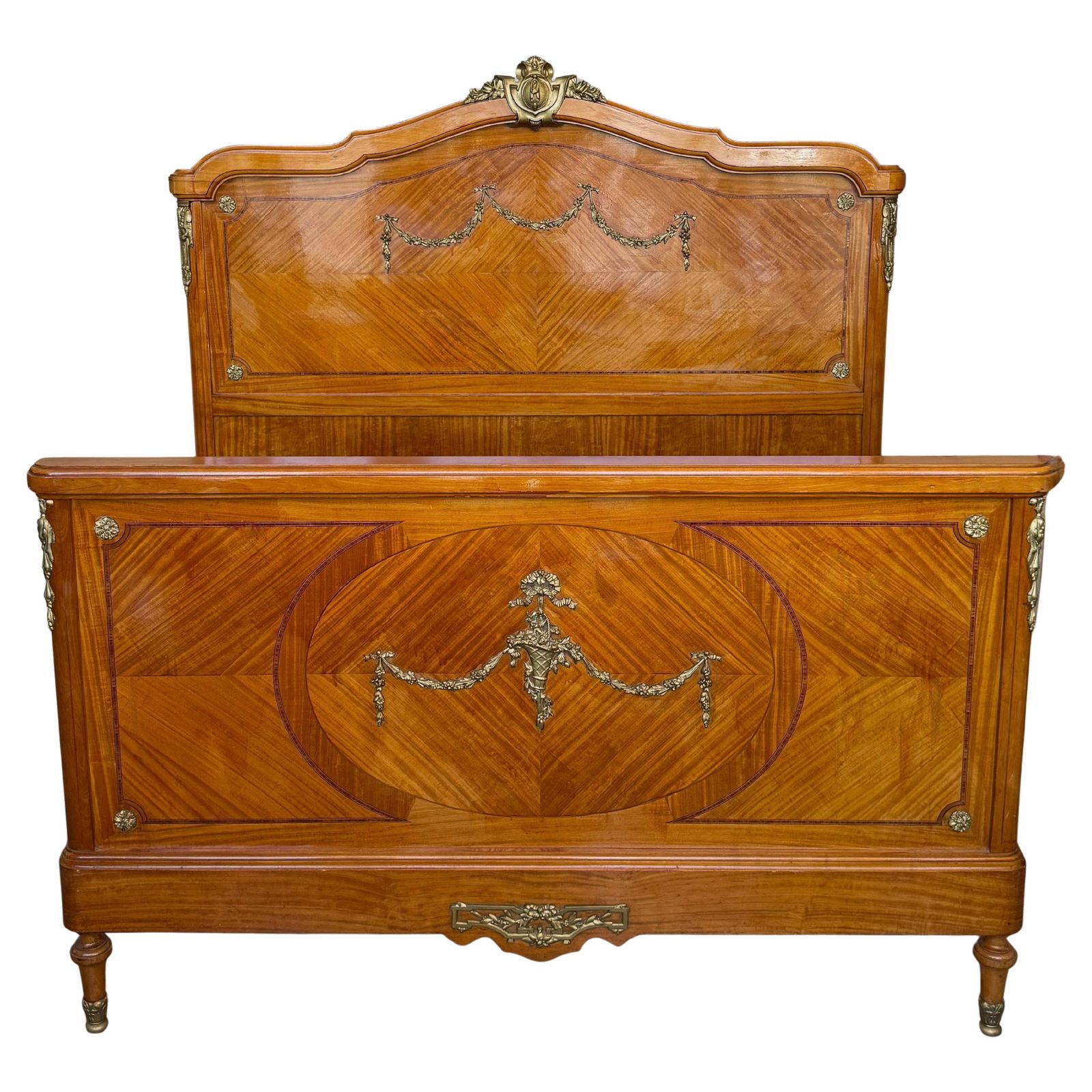 1920s French Neoclassical  Burl Maple Full Size Bed Frame