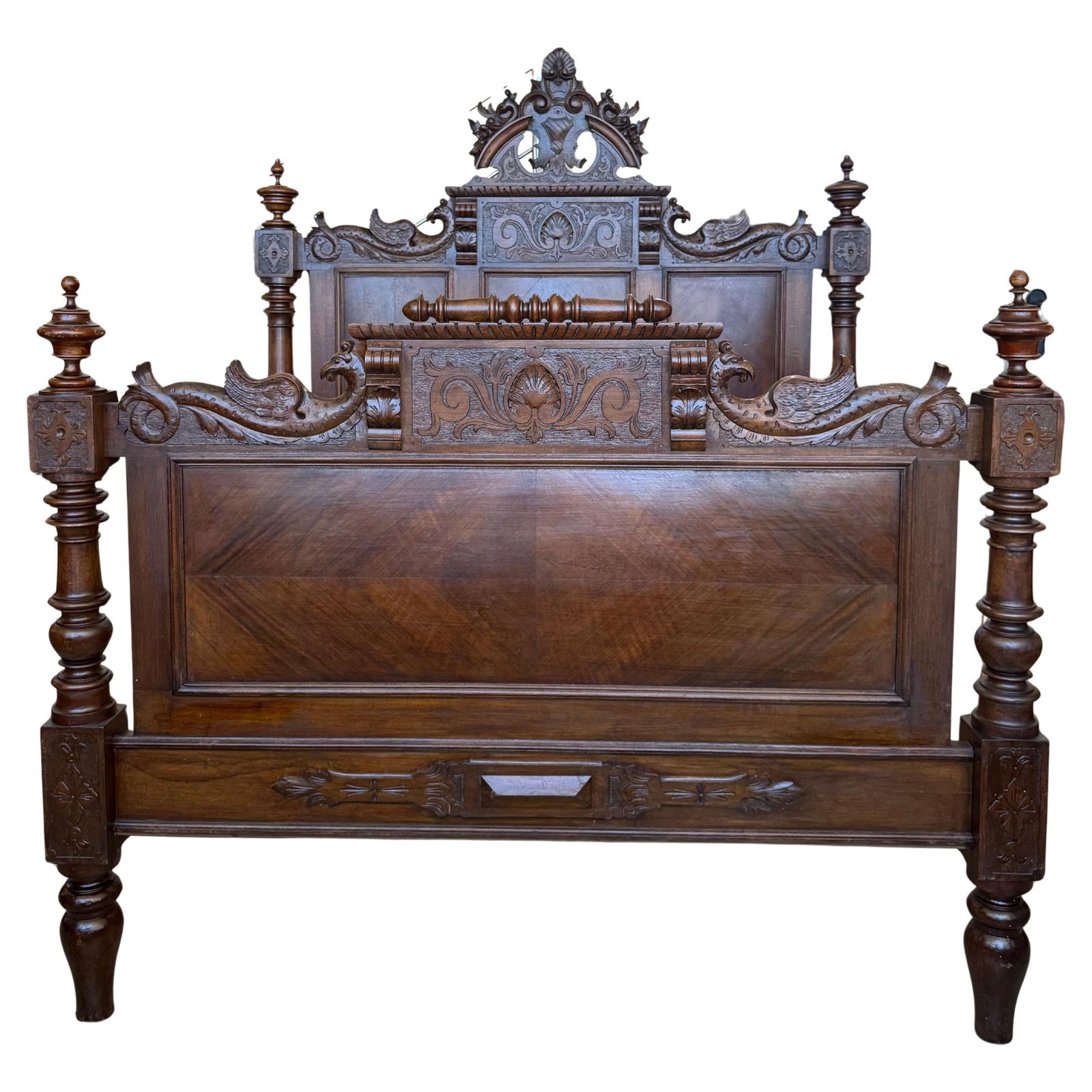 French Louis XVI Style Walnut Carved Bed Frame, Baroque, Full/ Queen Size