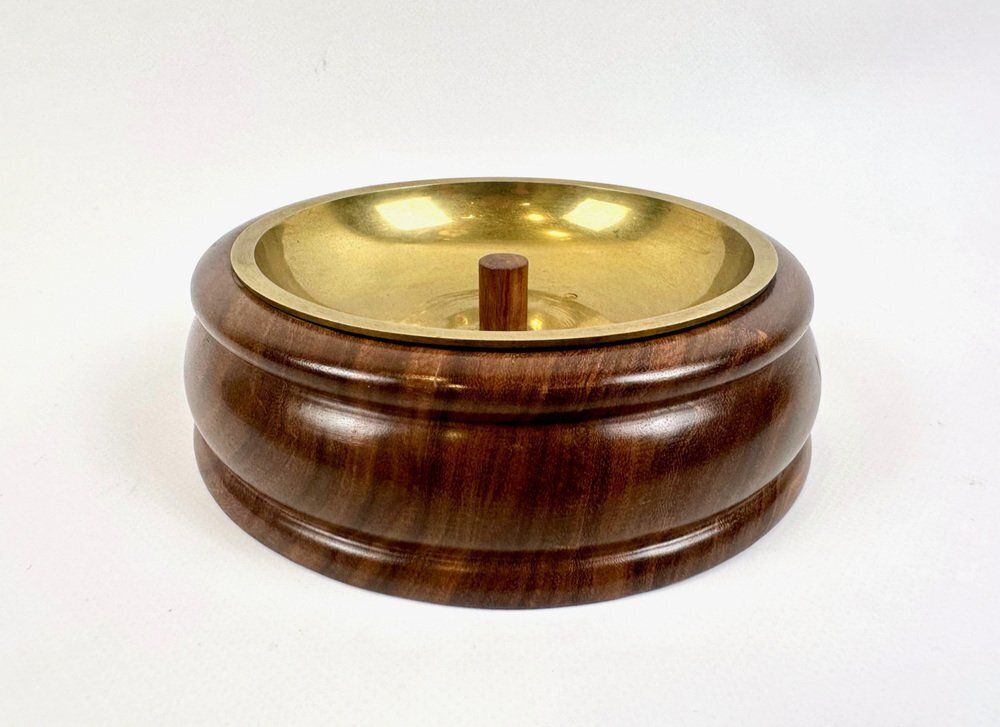 Mid Century Round Walnut And Brass Pipe Ashtray From Duk It Mcdonald Buffalo, USA, 1950s photo for sale