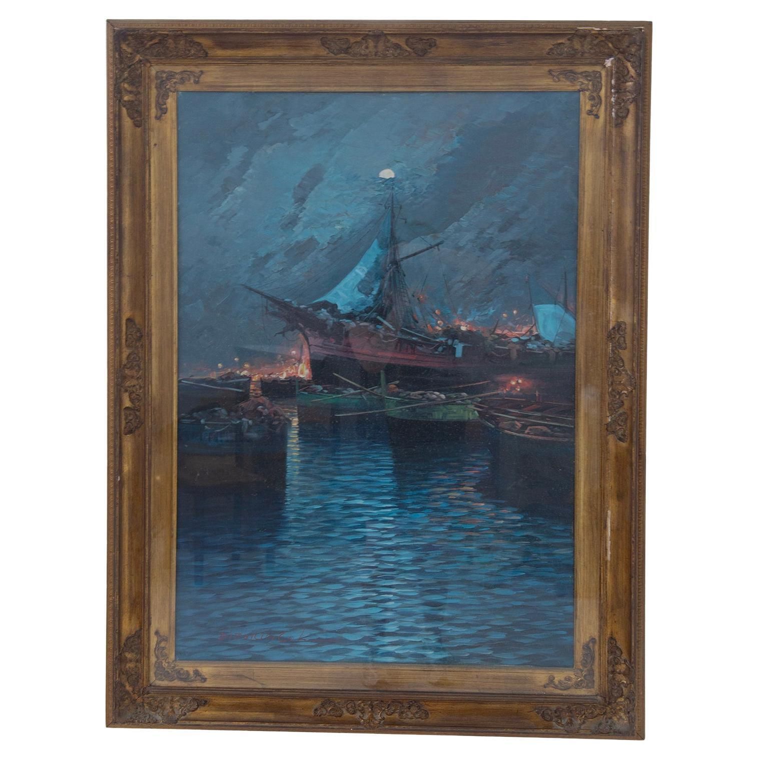 Oil Painting On Canvas By Vittorio Colucci, Title: Lampare. Signed