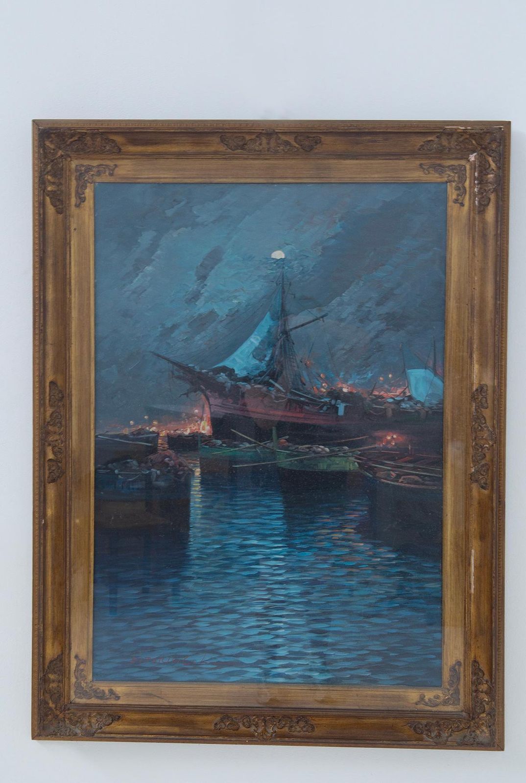 Oil Painting On Canvas By Vittorio Colucci, Title: Lampare. Signed photo furniture