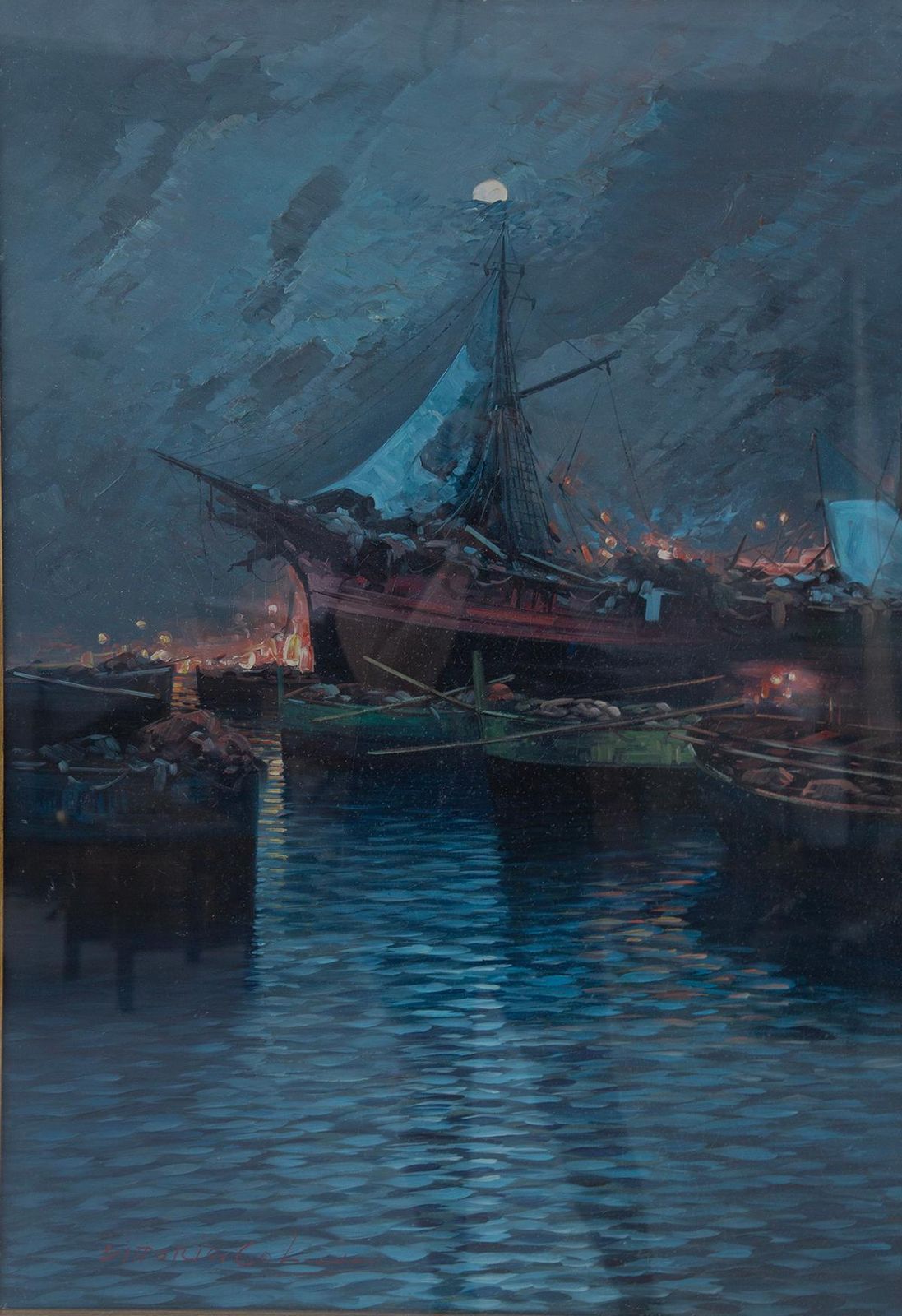 Oil Painting On Canvas By Vittorio Colucci, Title: Lampare. Signed photo 1874.0