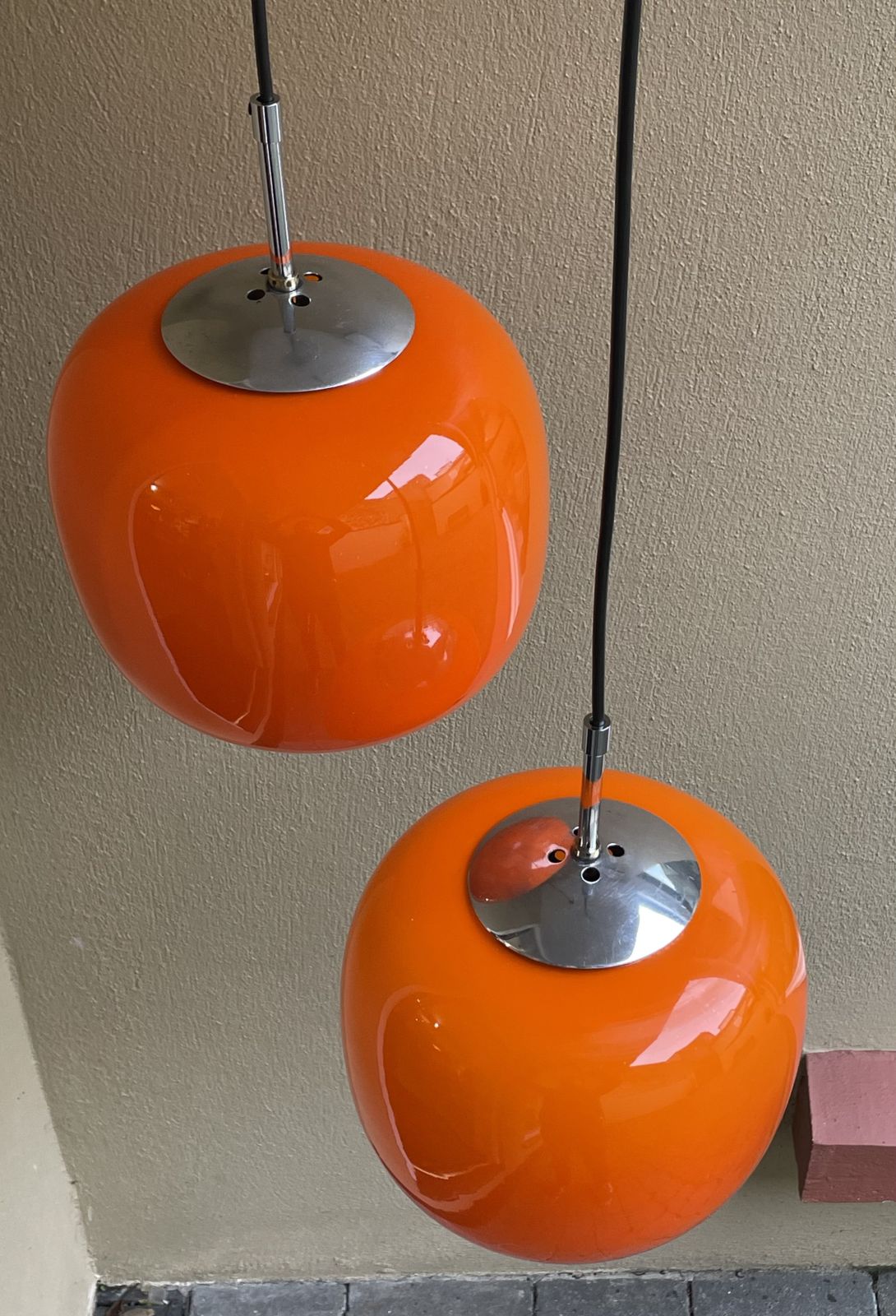 Set Of 3 1960's Orange Opaline Pendant Lights photo Lighting