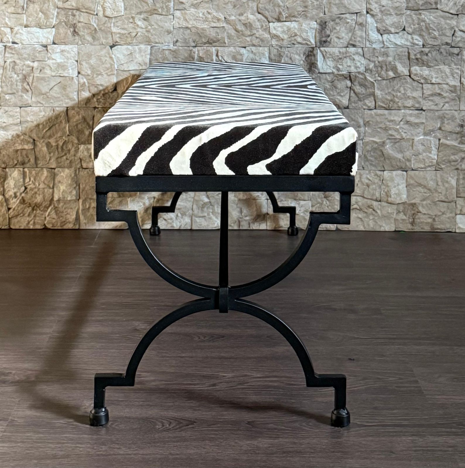 New Black Wrought Iron Curule Bench With Ralph Lauren Barlett Zebra Fabric photo buy