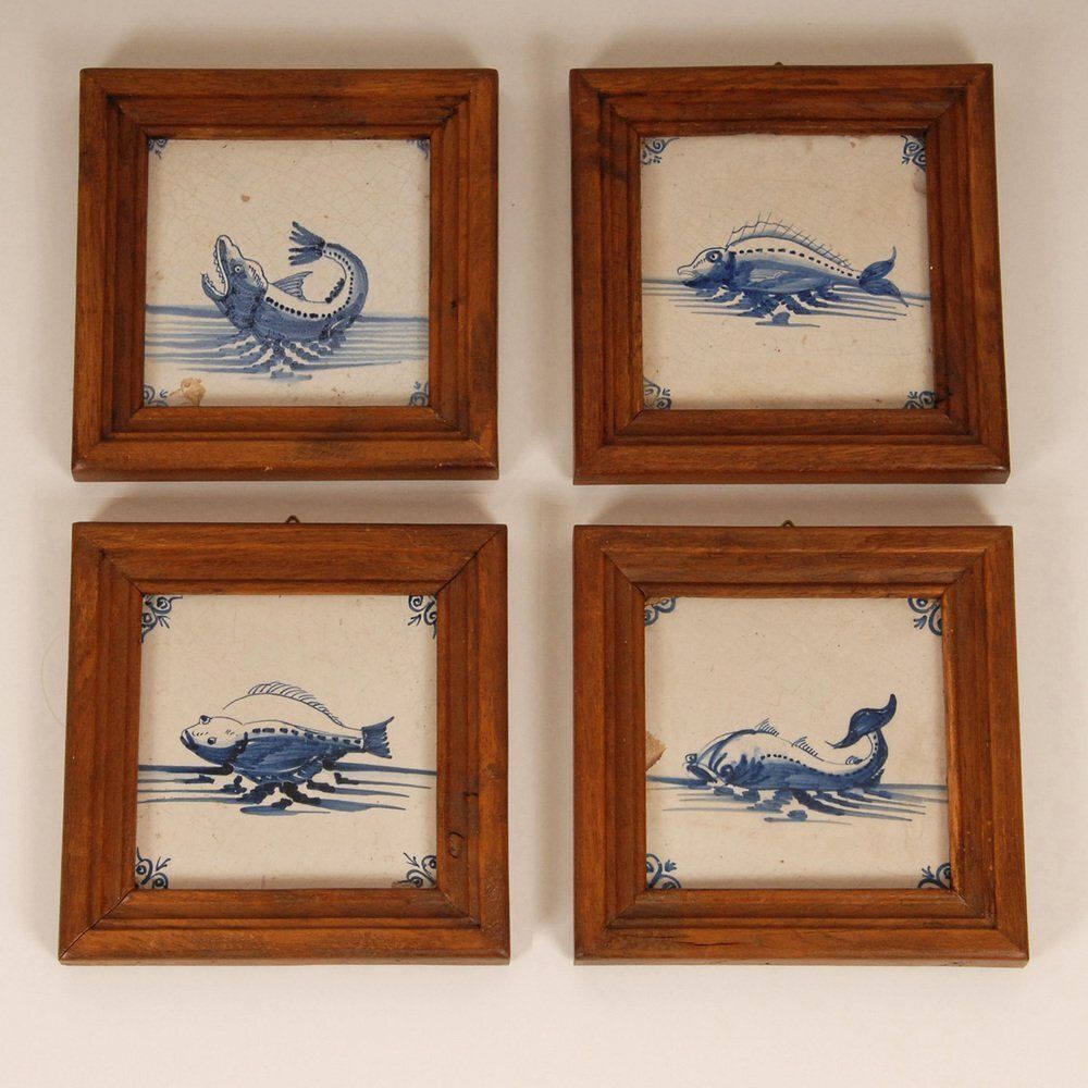 17th Century Baroque Framed Sea Creatures Monsters Tiles In Blue And White From Royal Delft, Set Of 4