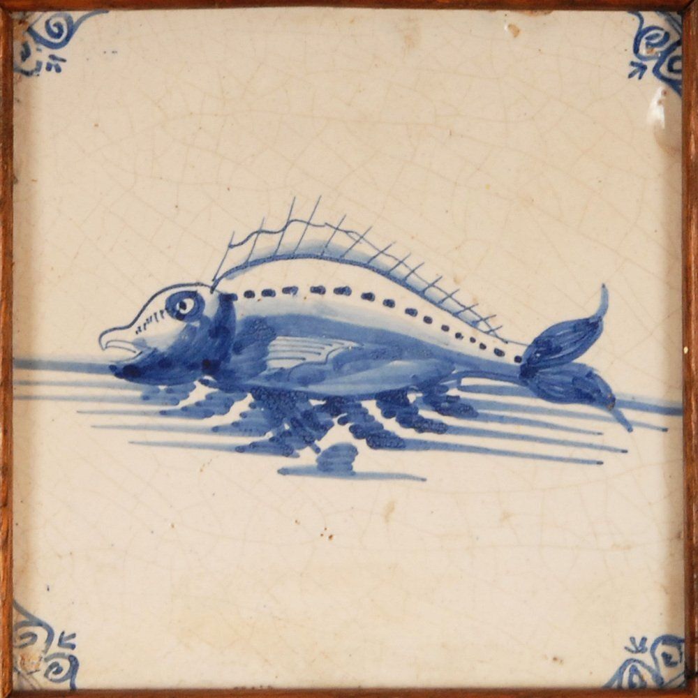 17th Century Baroque Framed Sea Creatures Monsters Tiles In Blue And White From Royal Delft, Set Of 4 photo 1368.0