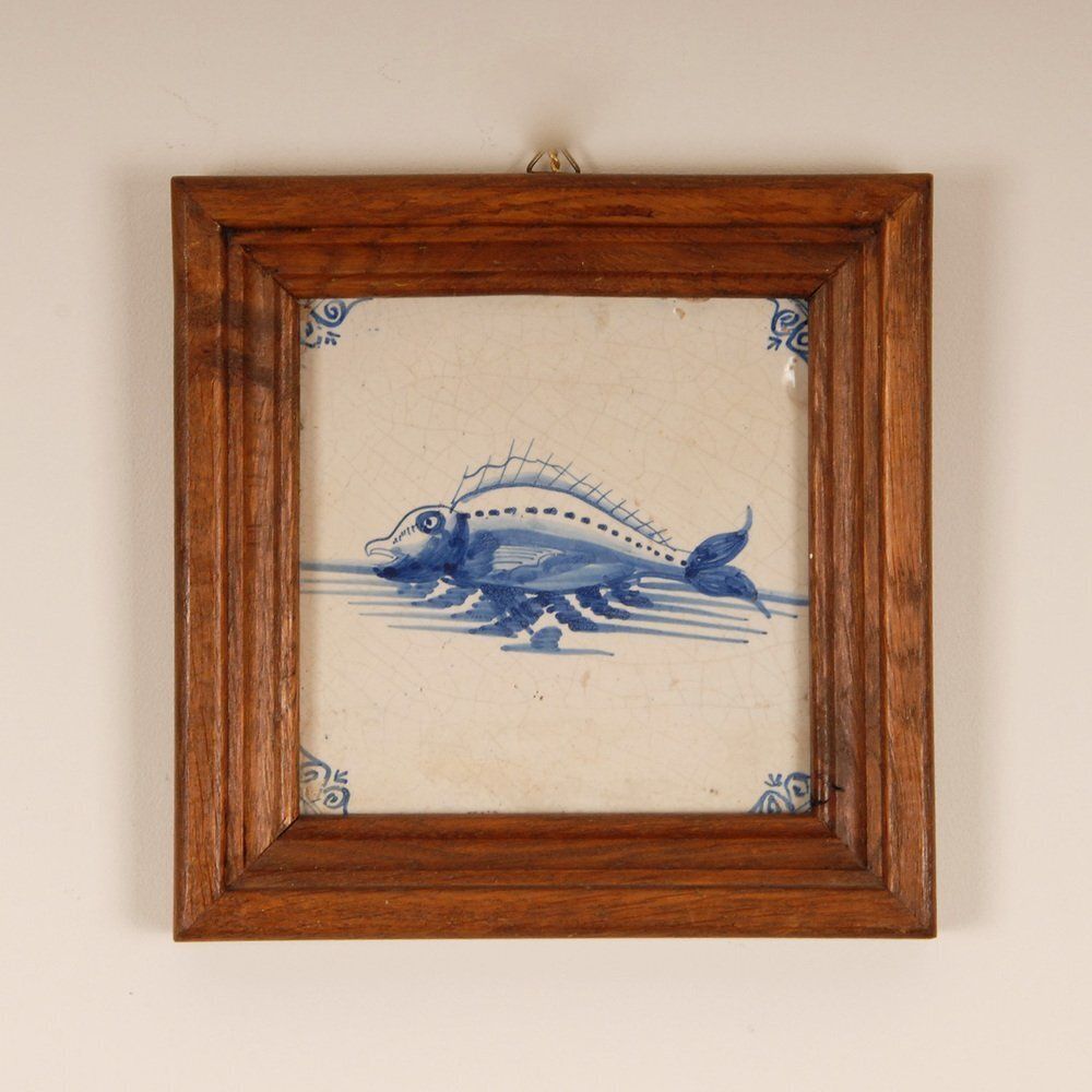17th Century Baroque Framed Sea Creatures Monsters Tiles In Blue And White From Royal Delft, Set Of 4 photo vinterior