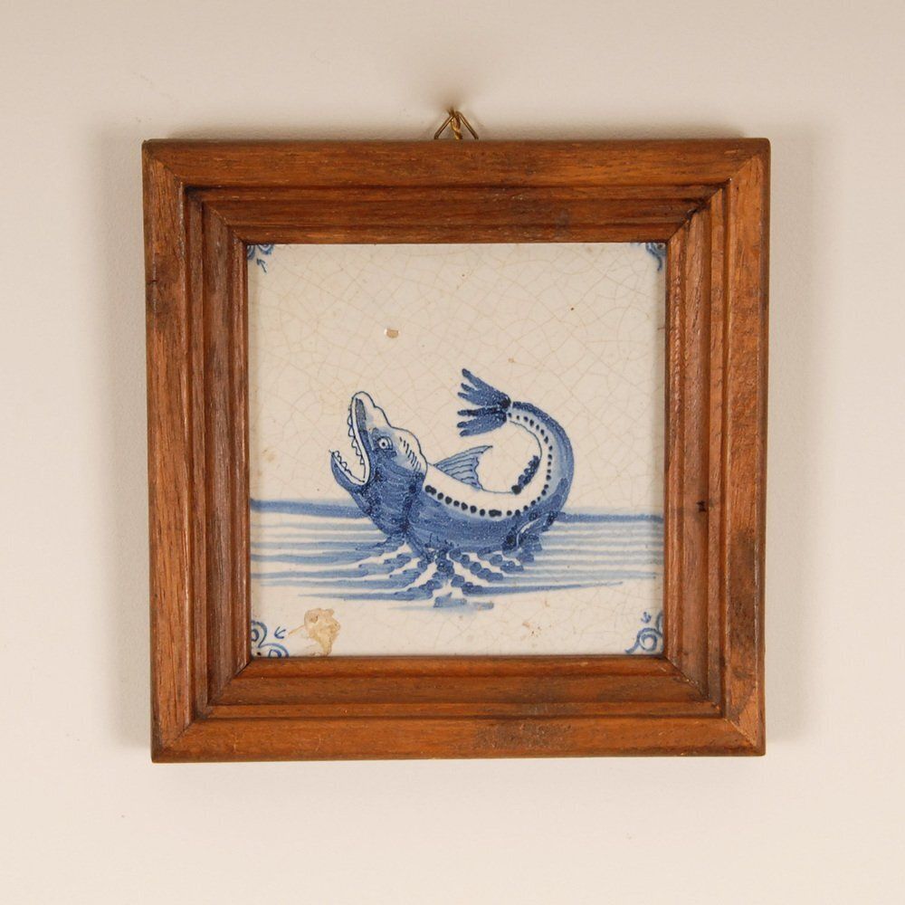 17th Century Baroque Framed Sea Creatures Monsters Tiles In Blue And White From Royal Delft, Set Of 4 photo vintage