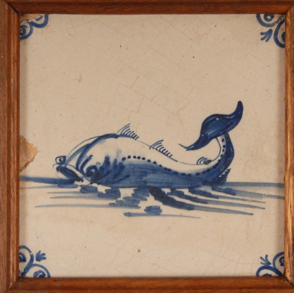 photo furniture 17th Century Baroque Framed Sea Creatures Monsters Tiles In Blue And White From Royal Delft, Set Of 4