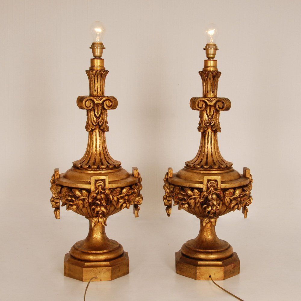 Neoclassical Italian Lamps In Carved Gold Giltwood, Set Of 2 photo vintage