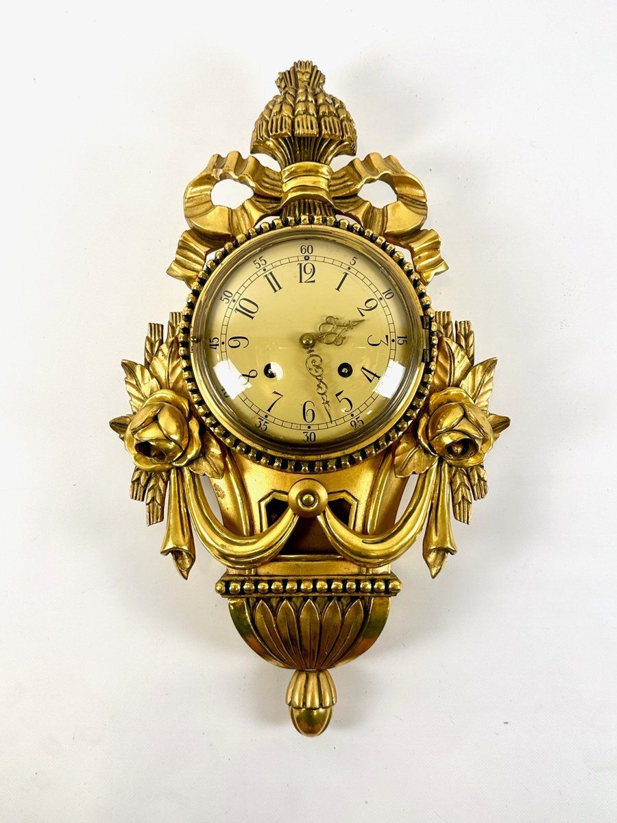 Rococo Swedish Gild Carved Wood Wall Clock From Westerstrand, 1960s