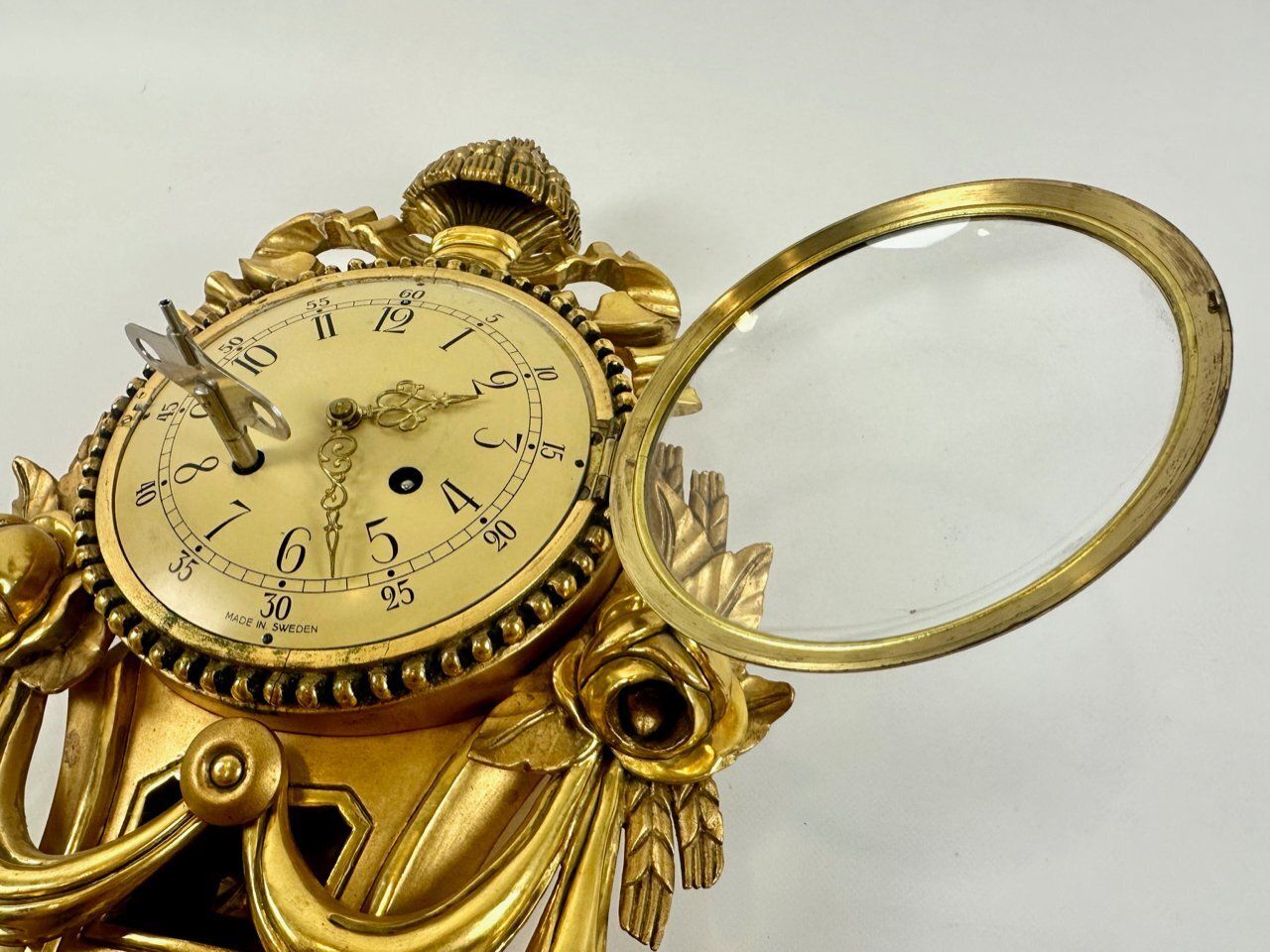 Rococo Swedish Gild Carved Wood Wall Clock From Westerstrand, 1960s photo vinterior