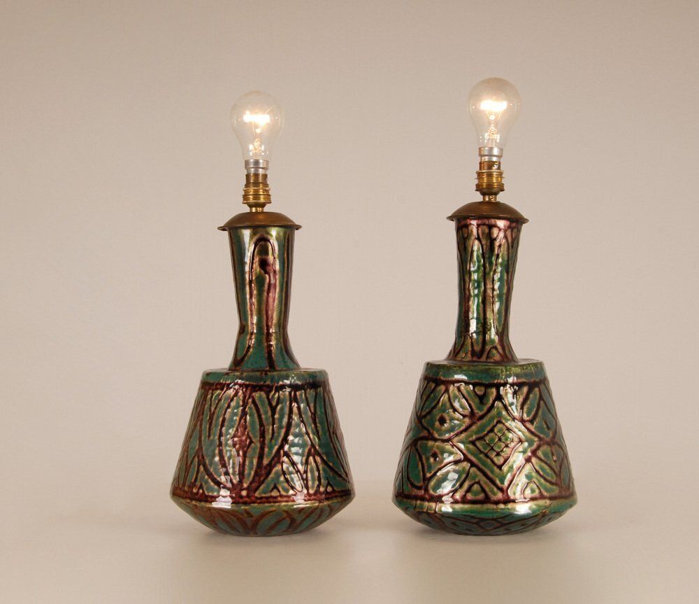 French Art Deco Geometric Table Lamps In Enamel On Copper By Camille Faure, 18th Century, Set Of 2 photo Lighting