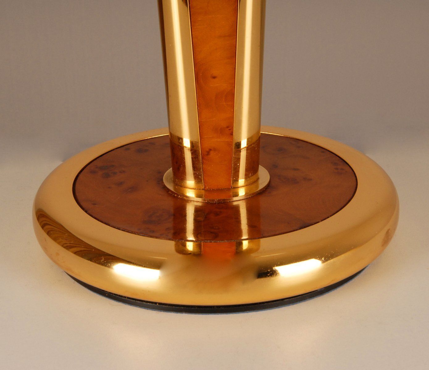 Milo Baughman Style Gilt Brass & Burl Wood Mushroom Table Lamp With Handcrafted Glass Lampshade, 1960s photo for sale