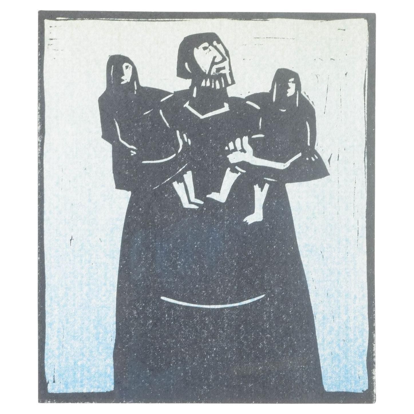 åke Holm, Sweden. Black And White Woodcut. Laban And His Daughters, 1978.