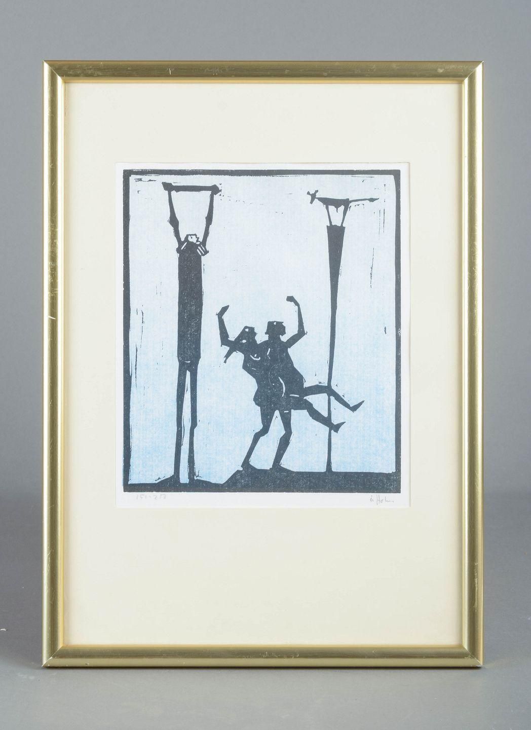 åke Holm, Sweden. Black And White Woodcut With Three Stylized Figures. 1970s photo furniture