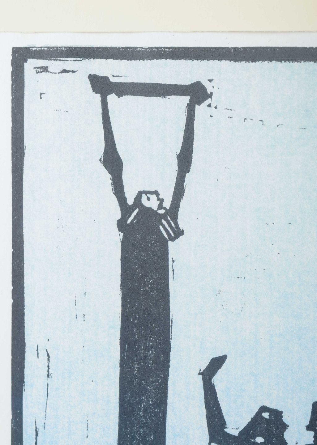 åke Holm, Sweden. Black And White Woodcut With Three Stylized Figures. 1970s photo Art