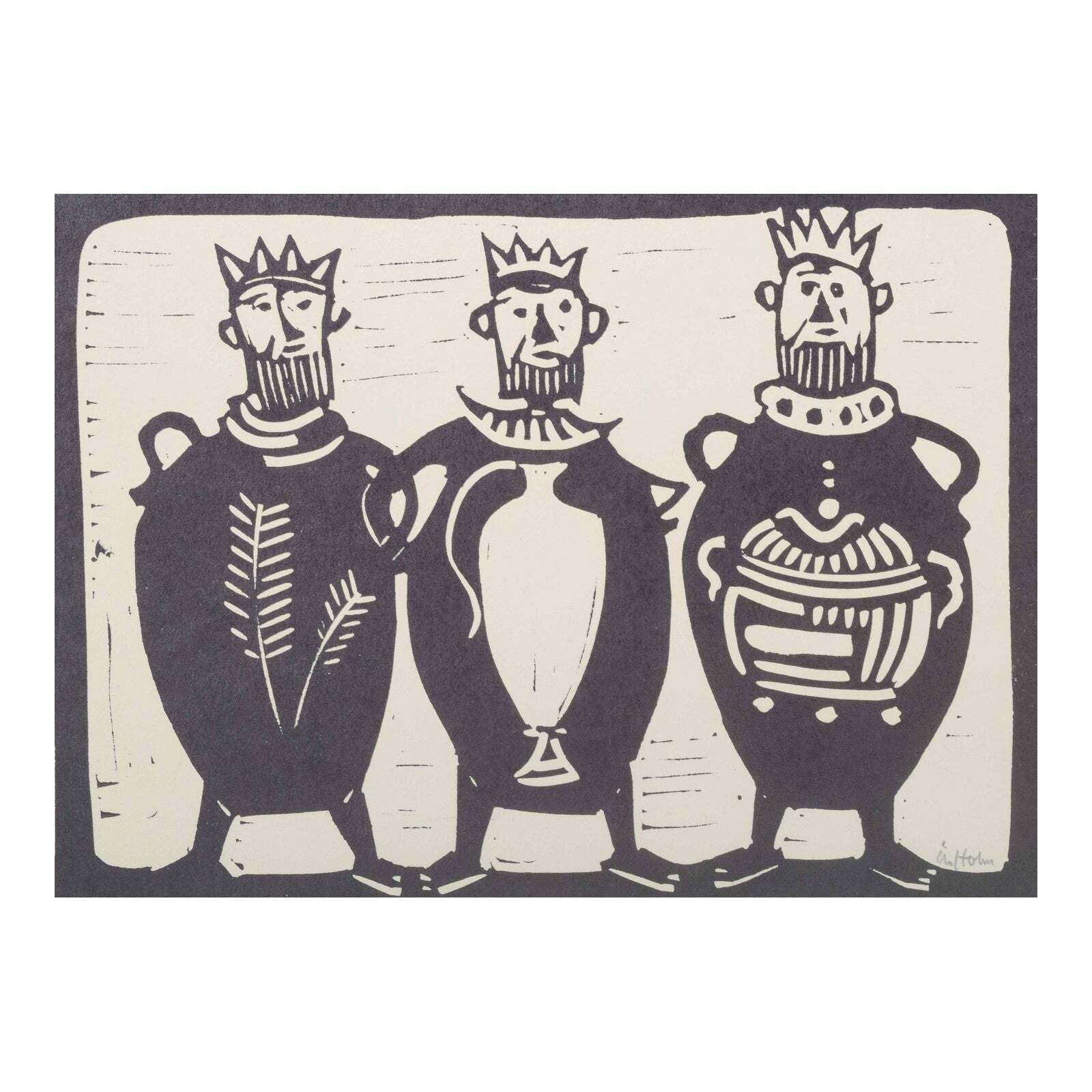 åke Holm, Sweden. Black And White Woodcut. Three Regal Figures. Ca. 1950s
