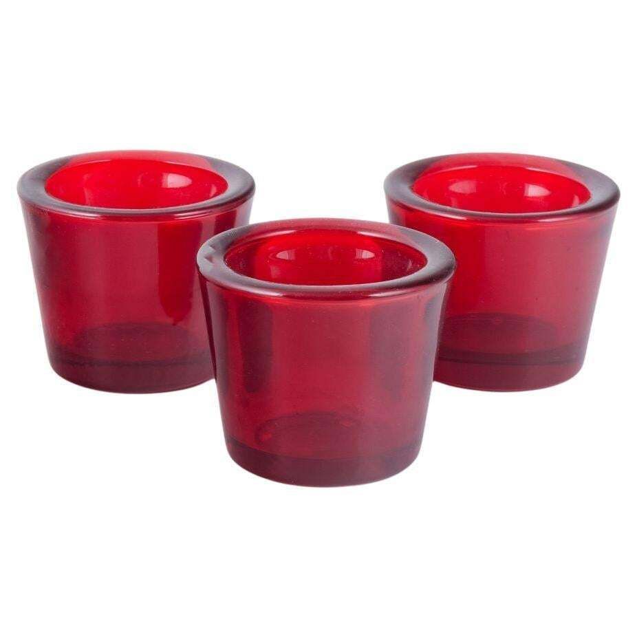 Scandinavian Designer. Three Tealight Holders In Red Glass. Late 20th C.
