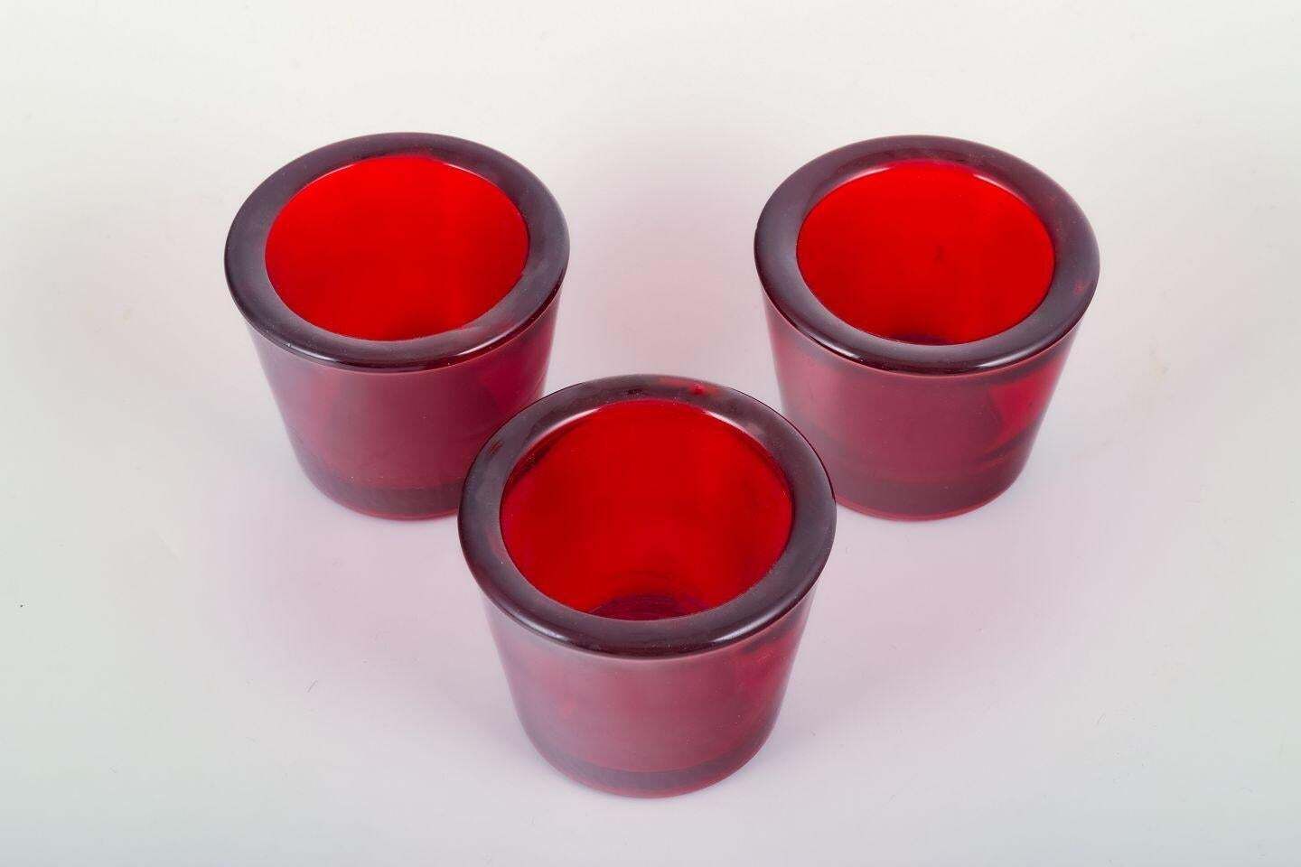 Scandinavian Designer. Three Tealight Holders In Red Glass. Late 20th C. photo furniture
