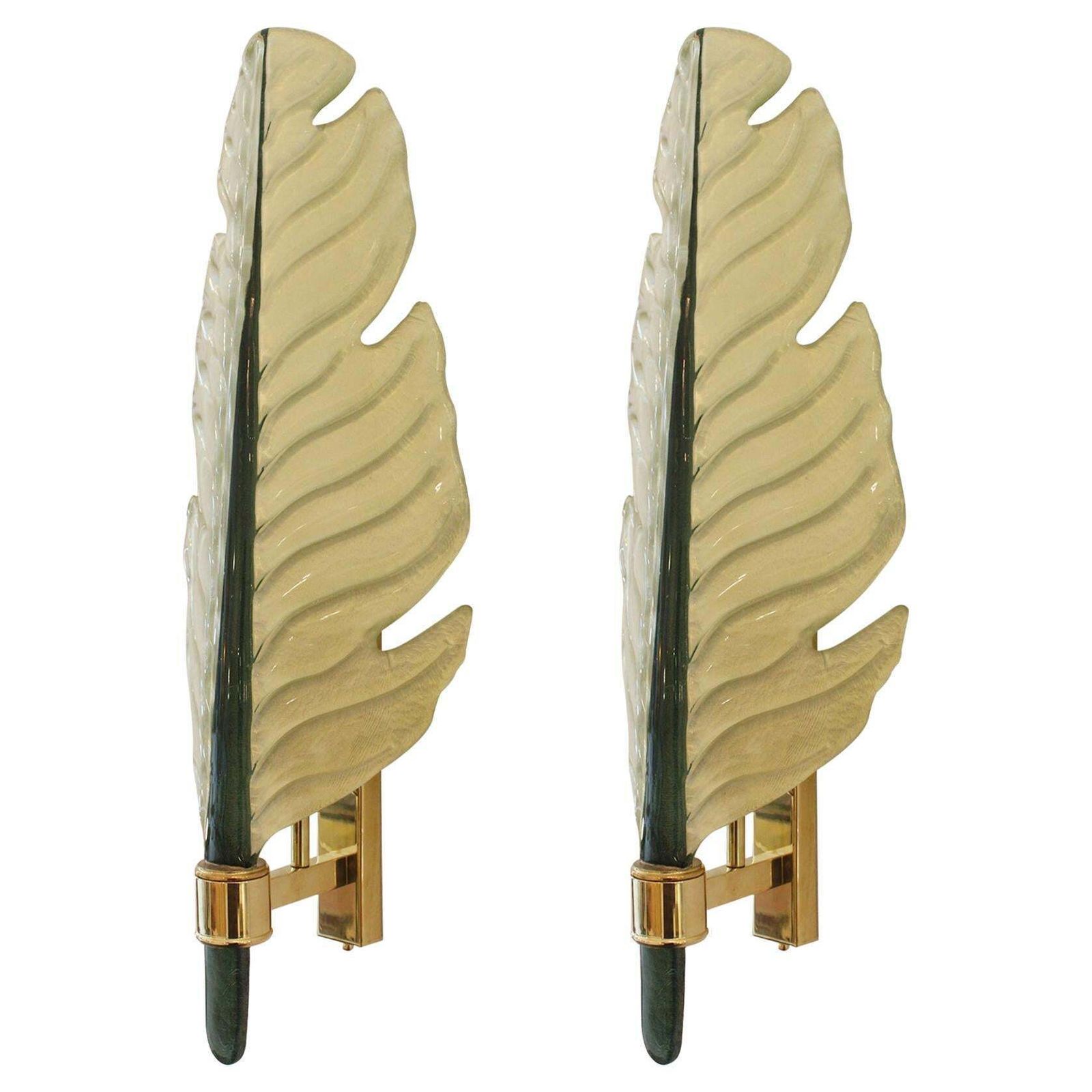 Mid Modern Style Pair Of Green Leaf Murano Glass And Brass Italian Wall Sconces