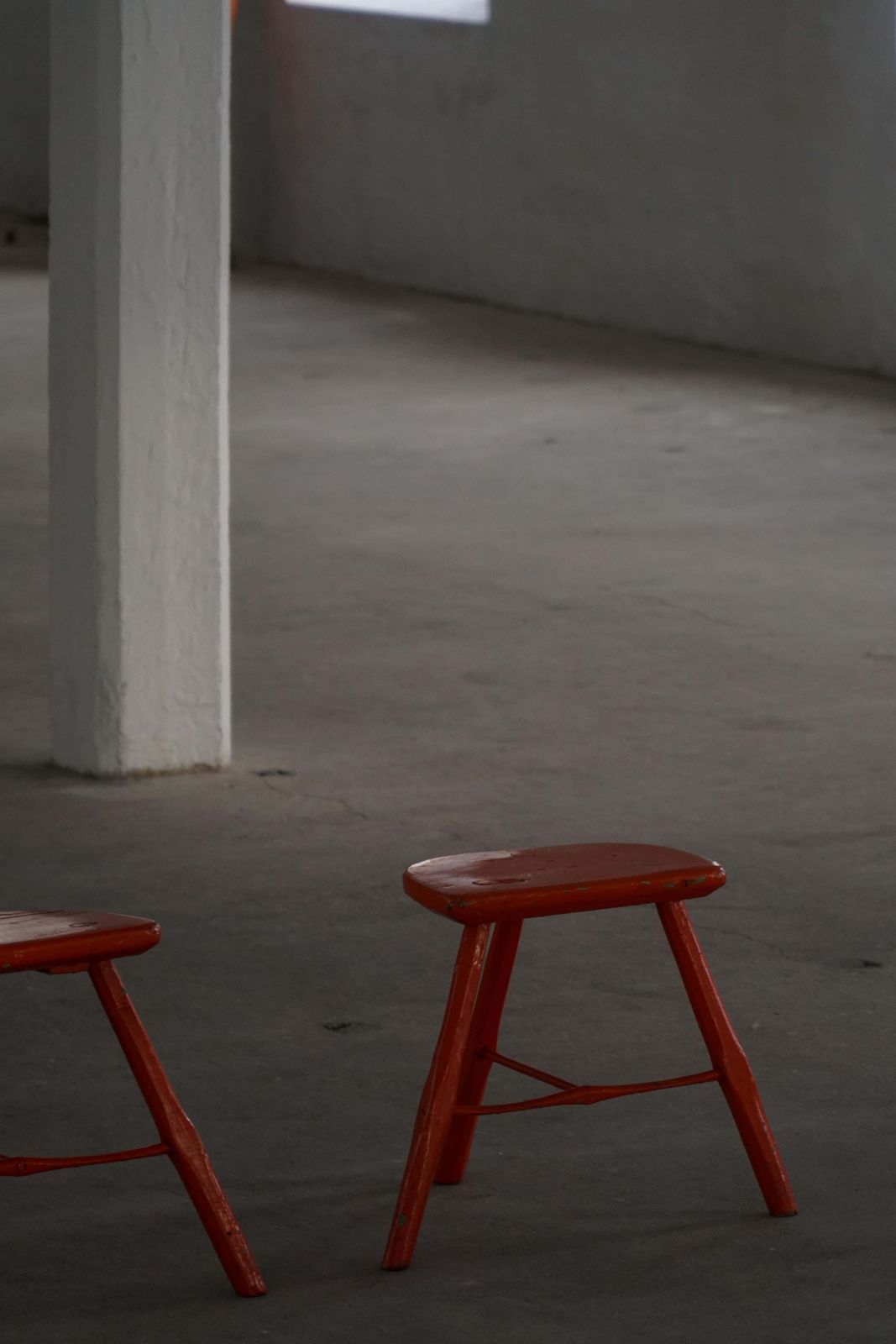 Pair Of Patinated Red Painted Wooden Stools With Splayed Legs, 1950s–1960s photo buy