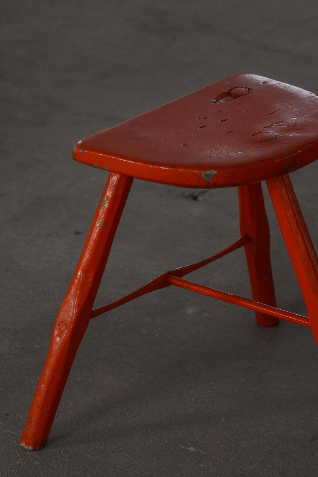 Pair Of Patinated Red Painted Wooden Stools With Splayed Legs, 1950s–1960s photo vintage