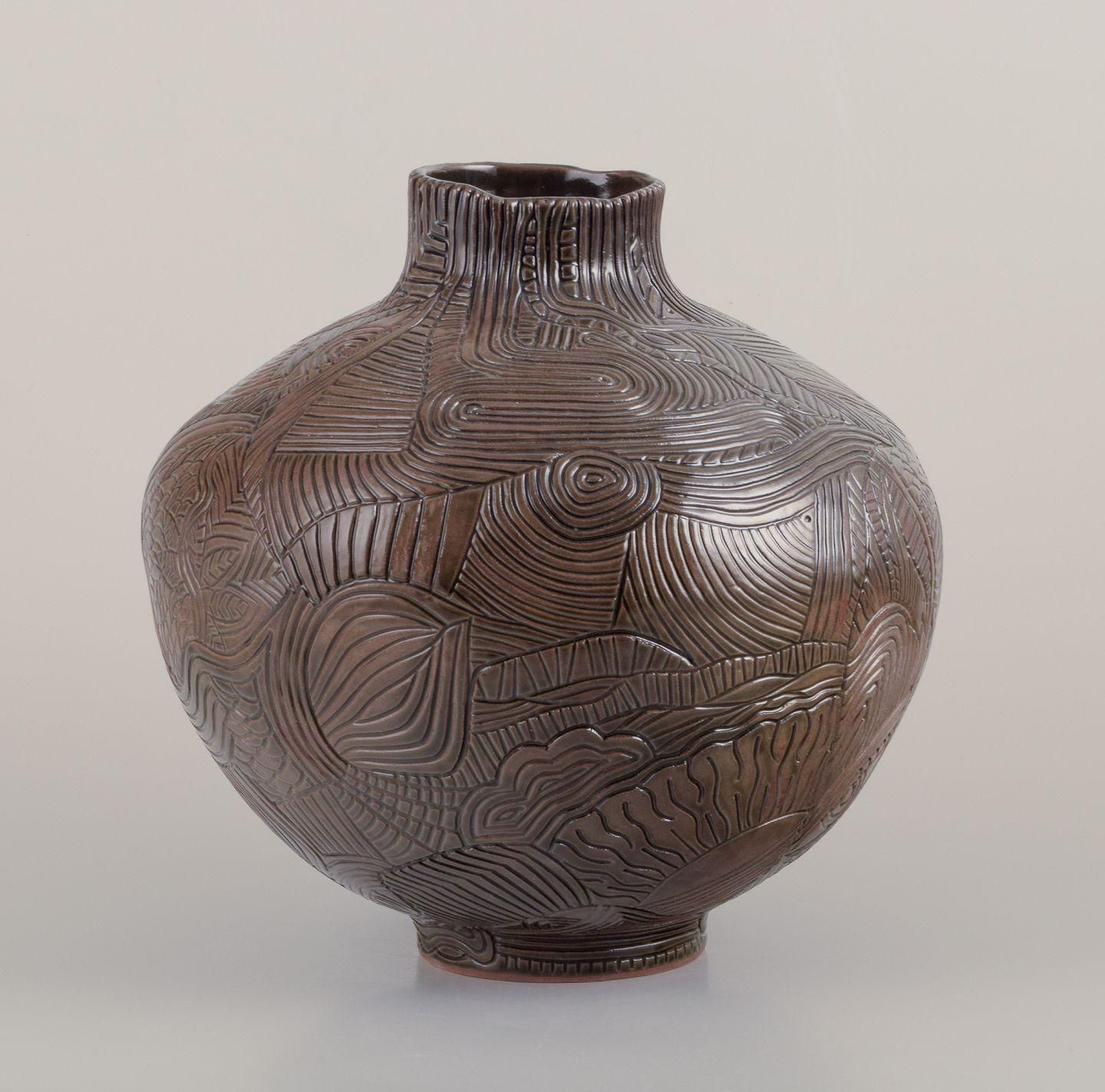 Christina Muff, Contemporary Danish Artist. Unique Stoneware Vase With Carvings. photo furniture
