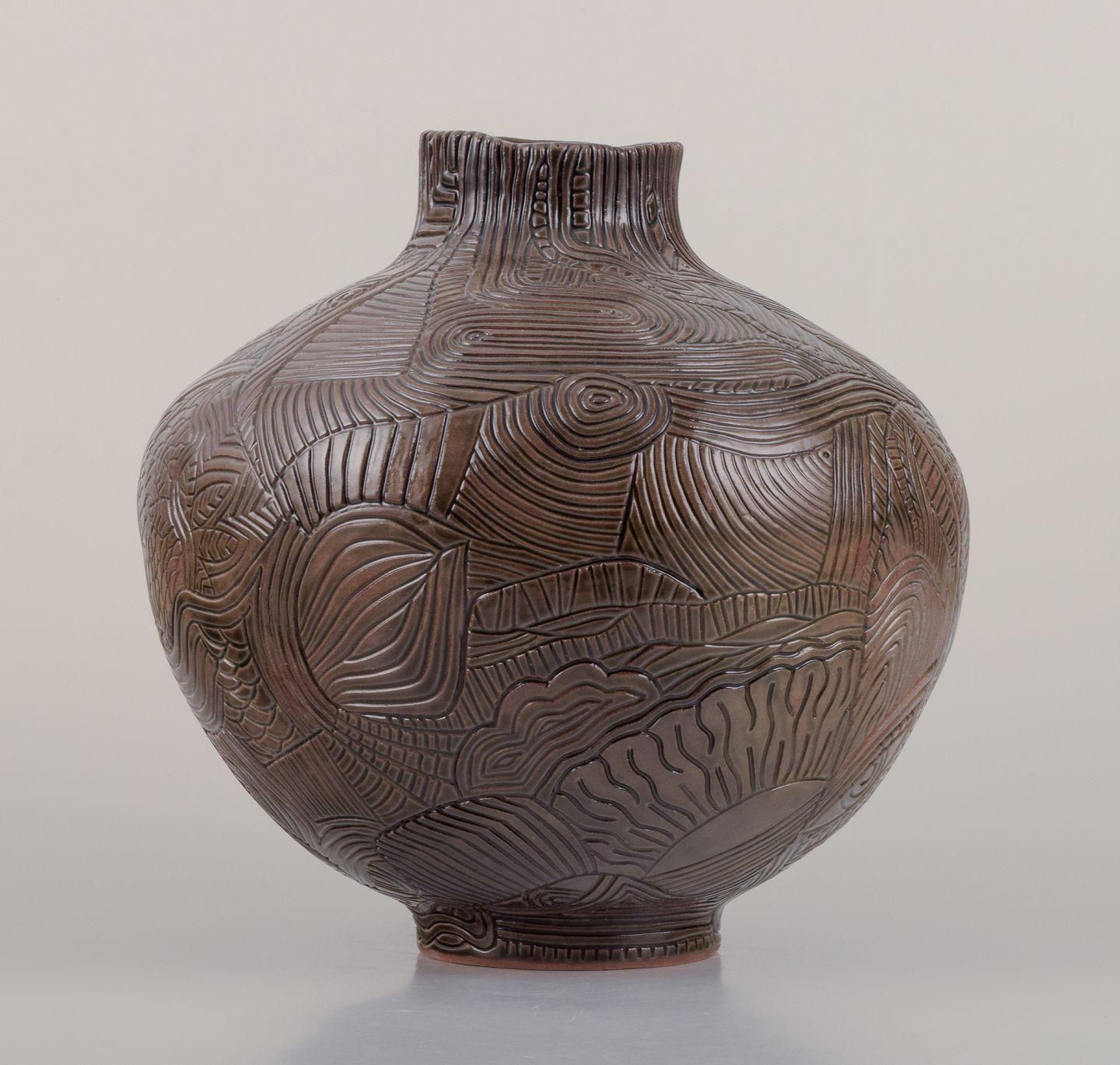 Christina Muff, Contemporary Danish Artist. Unique Stoneware Vase With Carvings. photo for sale