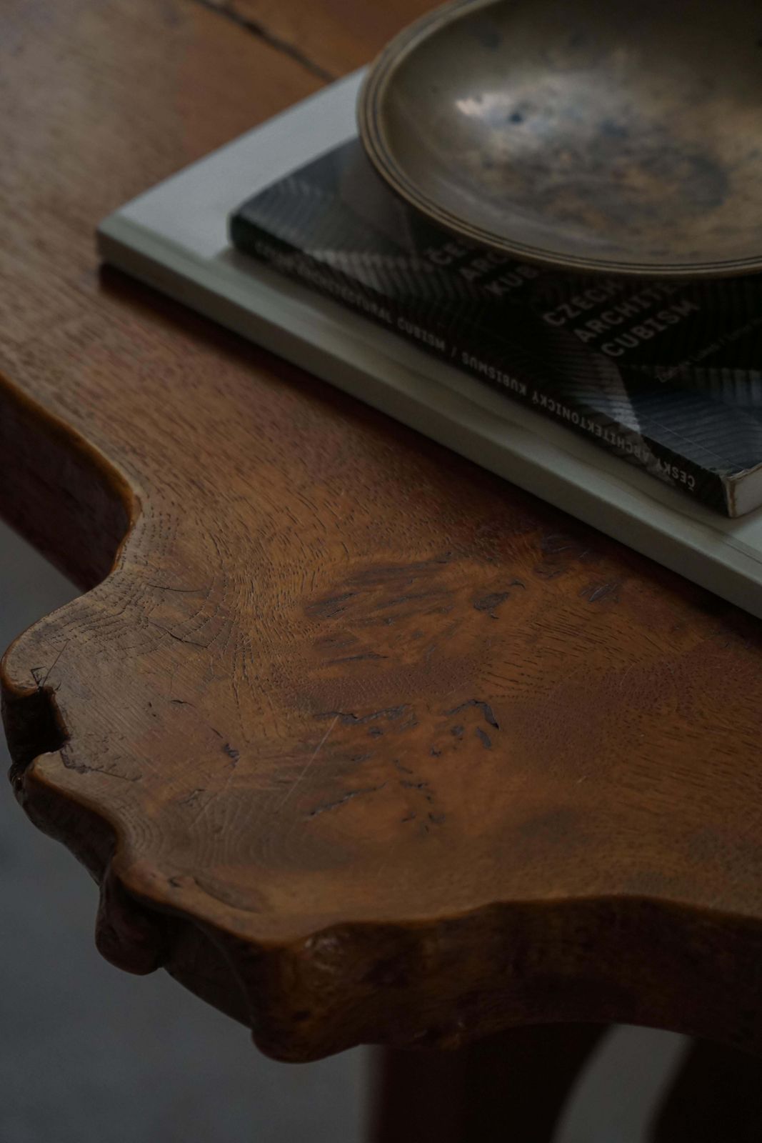 photo vintage Mid Century Scandinavian Coffee Table In Solid Elm Wood, Wabi Sabi Style, 1960s