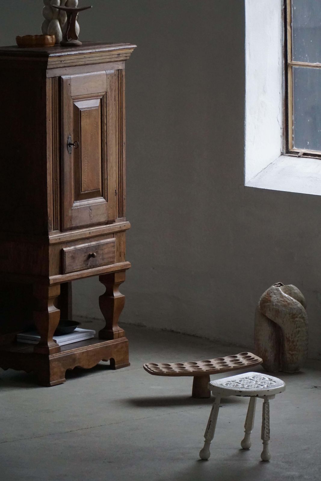 photo for sale Early Danish 20th Century, Wooden Tripod Stool With Carved Details, 1930s