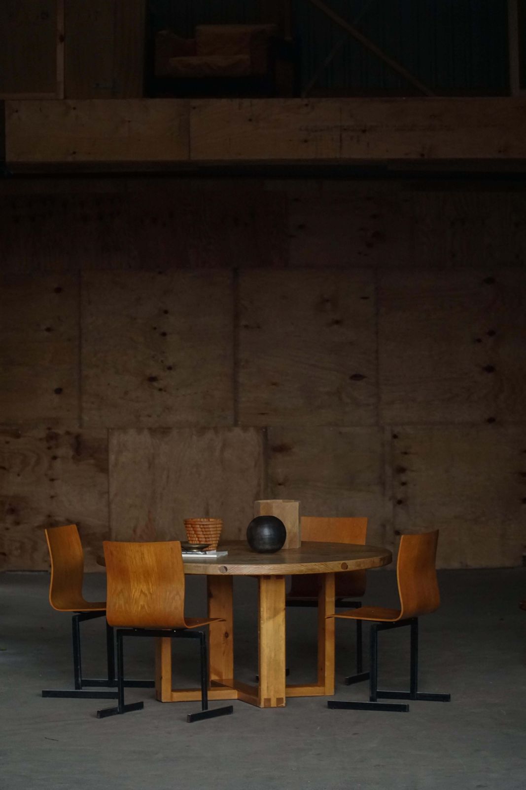 Set Of 6 Industrial Stackable Chairs By Niels Larsen, Black Metal & Oak, 1960s photo for sale
