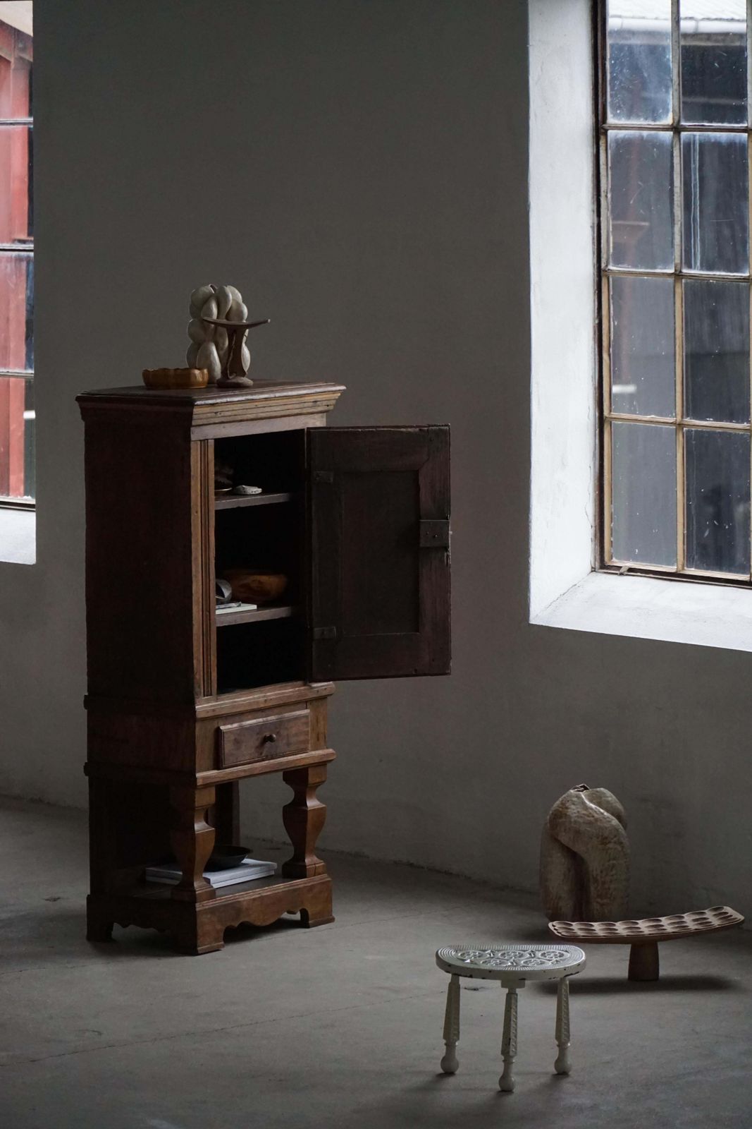 photo vintage Mid 19th Century, Rustic French Solid Oak Cabinet With Paneled Door, Baroque