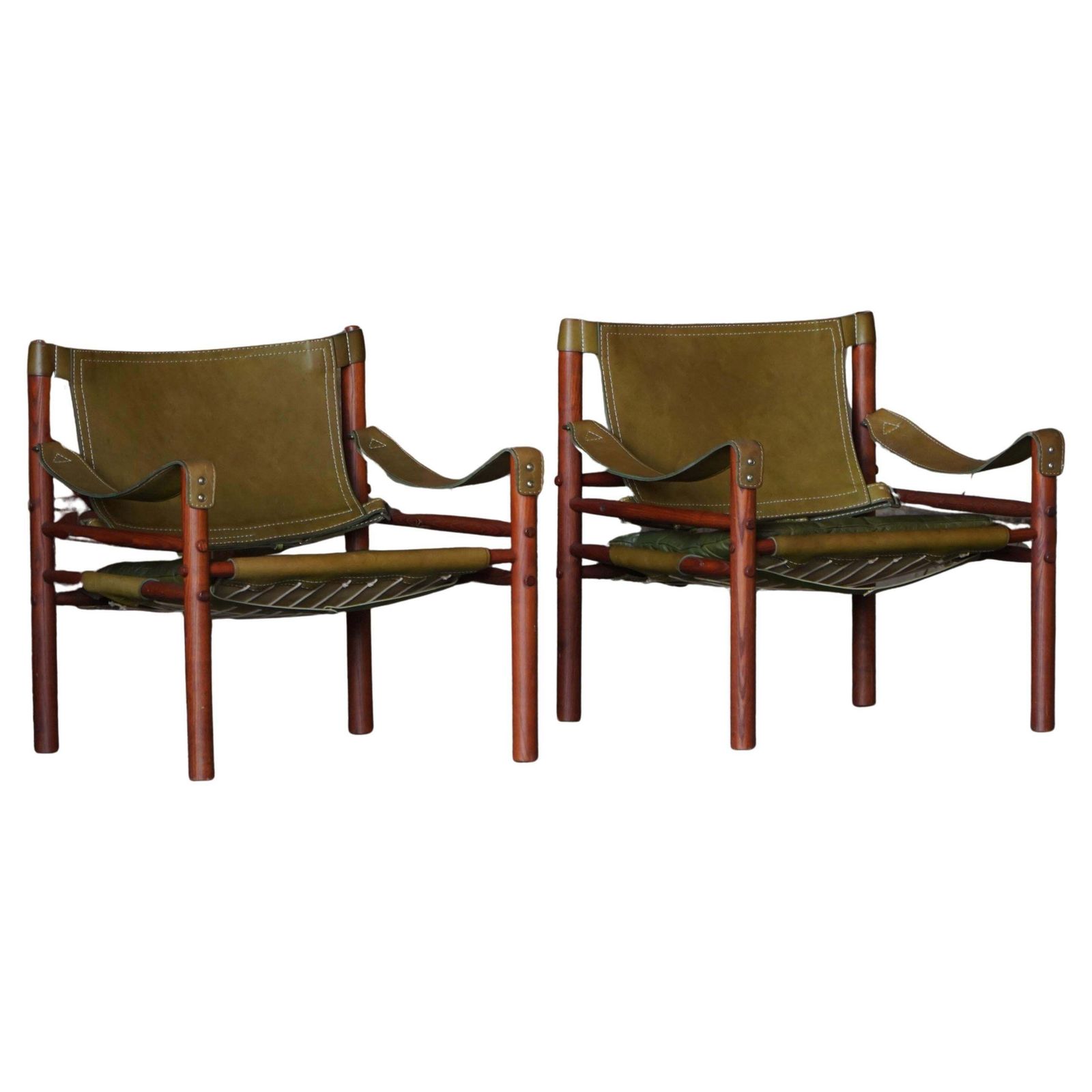 Arne Norell, Pair Of "Sirocco" Safari Chairs In Ash & Green Leather, 1960s