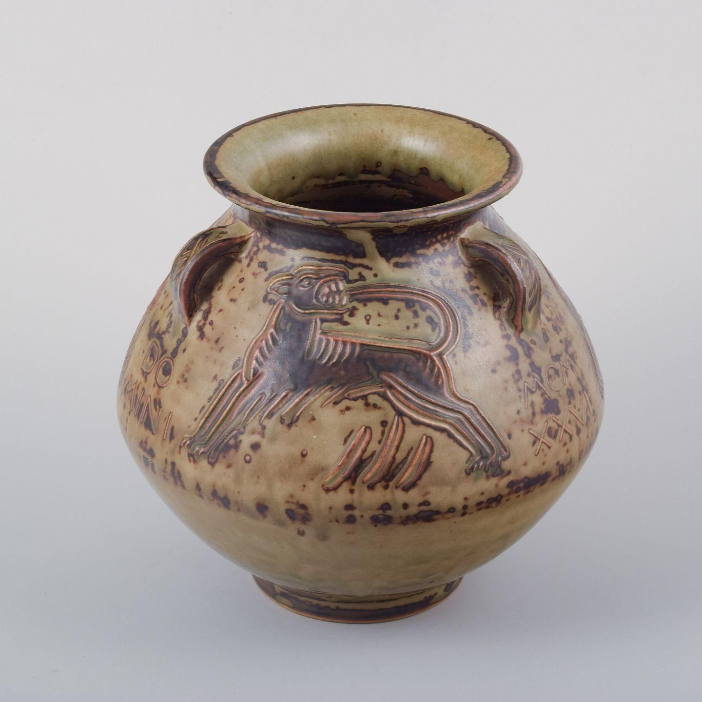 Jais Nielsen, Royal Copenhagen. Ceramic Vase In Sung Glaze With Religious Motif photo for sale