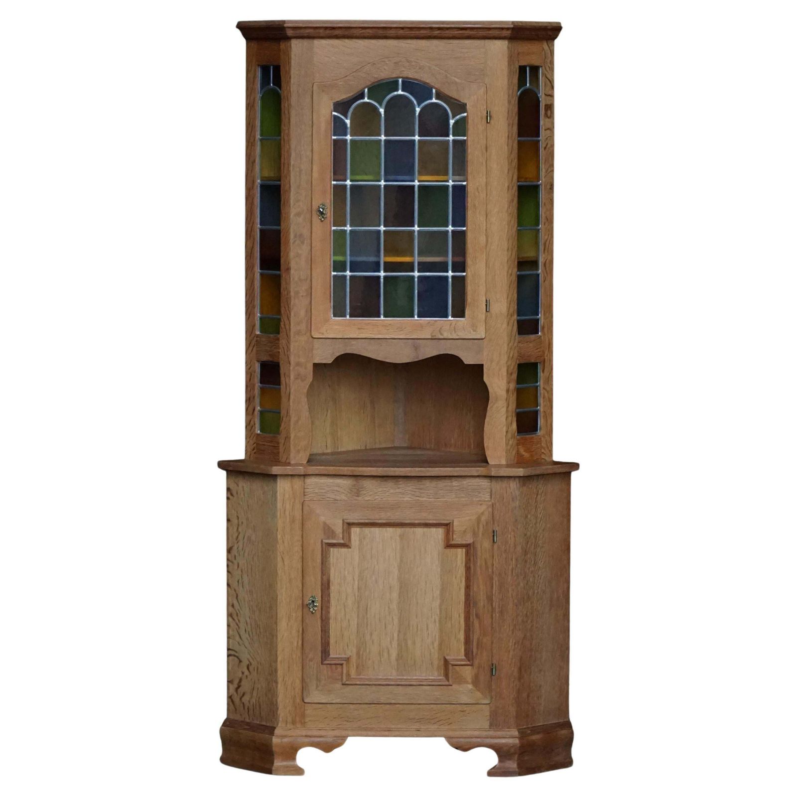 Danish Mid Century, Oak Corner Cabinet With Leaded Stained Glass, 1940s