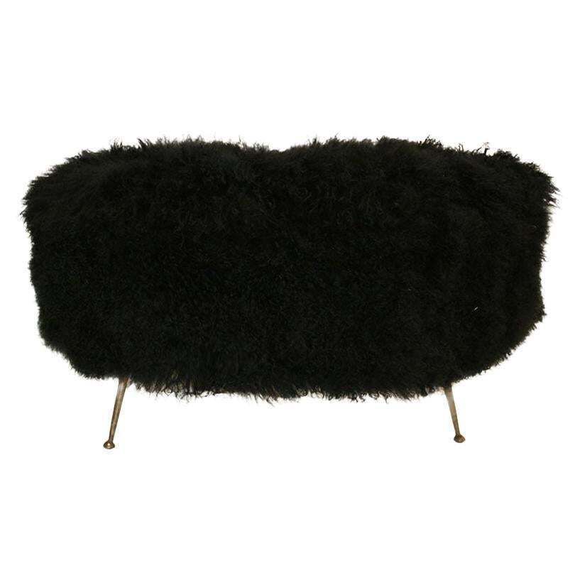 Mid Century Modern Black Mongolian Goat And Bronze Italian Stool, 1950s