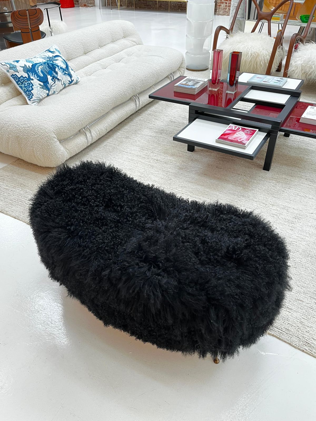 Mid Century Modern Black Mongolian Goat And Bronze Italian Stool, 1950s photo buy