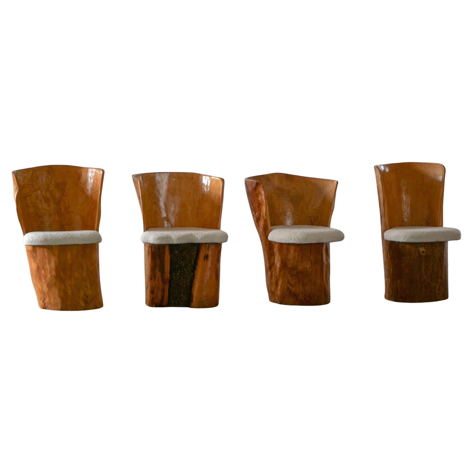 Swedish Modern, Set Of Four Stump Chairs, Solid Wood With Bouclé Seats, 1960s