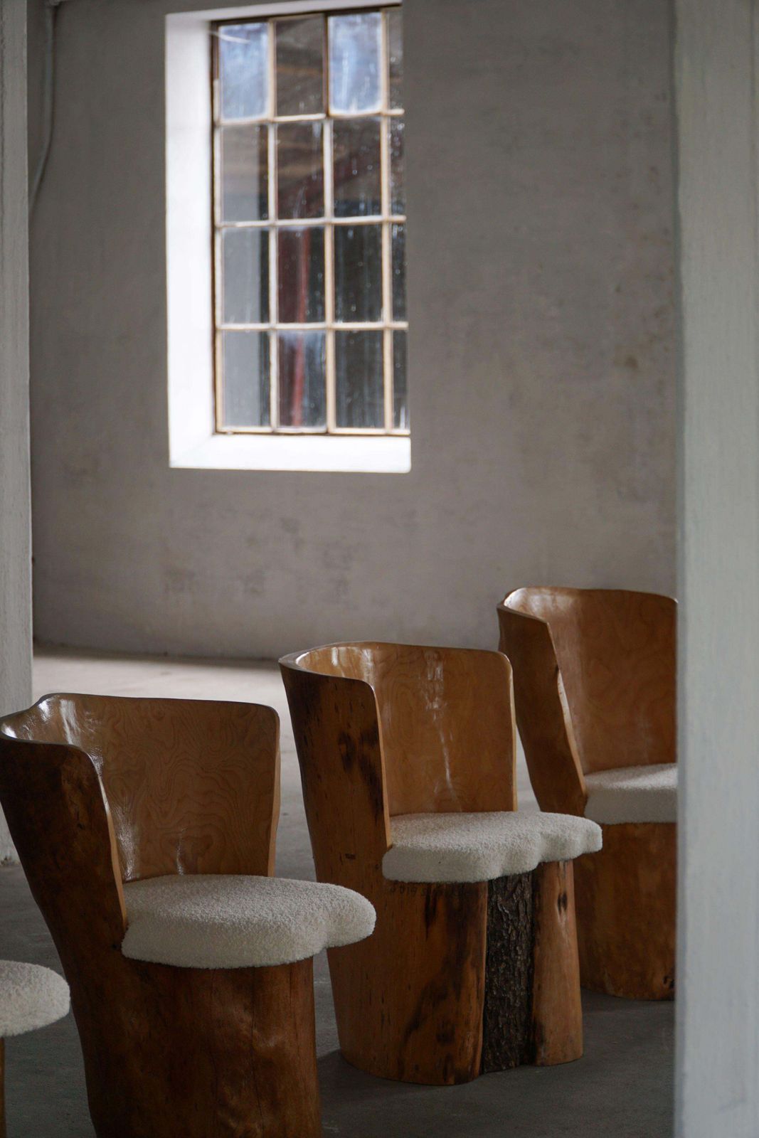 Swedish Modern, Set Of Four Stump Chairs, Solid Wood With Bouclé Seats, 1960s photo for sale