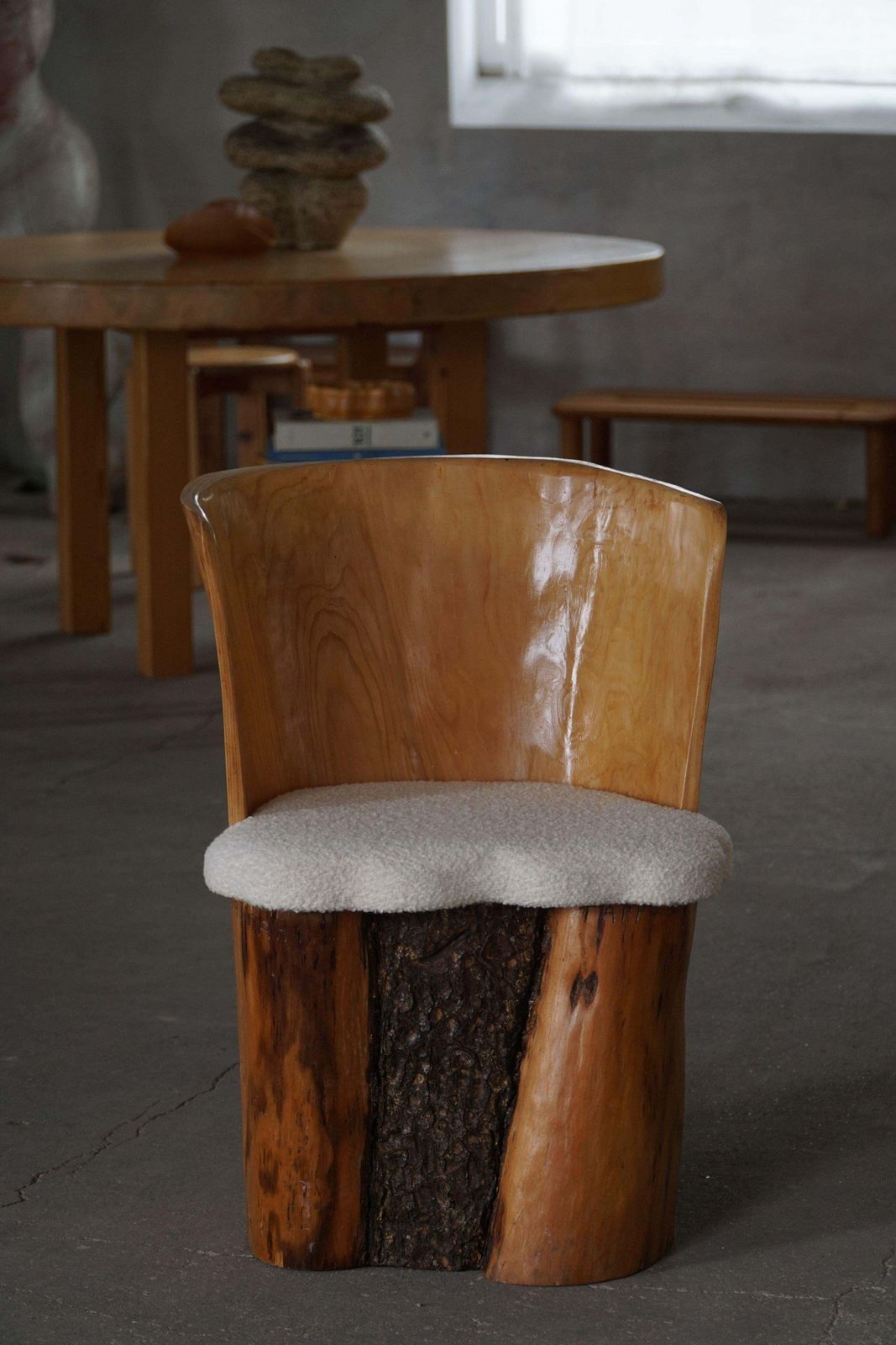 Swedish Modern, Set Of Four Stump Chairs, Solid Wood With Bouclé Seats, 1960s photo vinterior