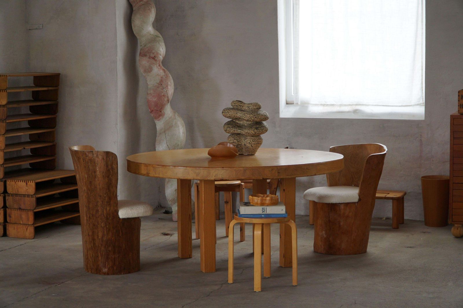 Swedish Modern, Set Of Four Stump Chairs, Solid Wood With Bouclé Seats, 1960s photo buy