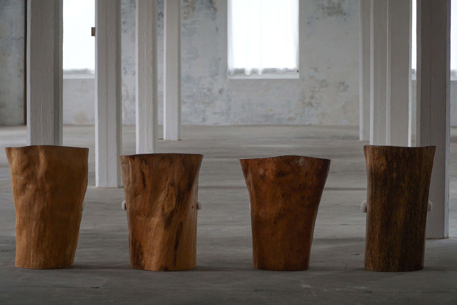 photo for sale Swedish Modern, Set Of Four Stump Chairs, Solid Wood With Bouclé Seats, 1960s