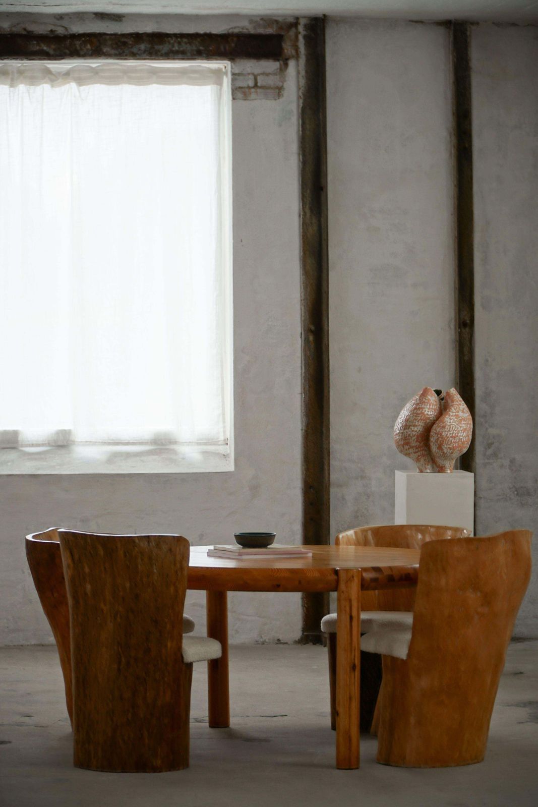 photo buy Swedish Modern, Set Of Four Stump Chairs, Solid Wood With Bouclé Seats, 1960s