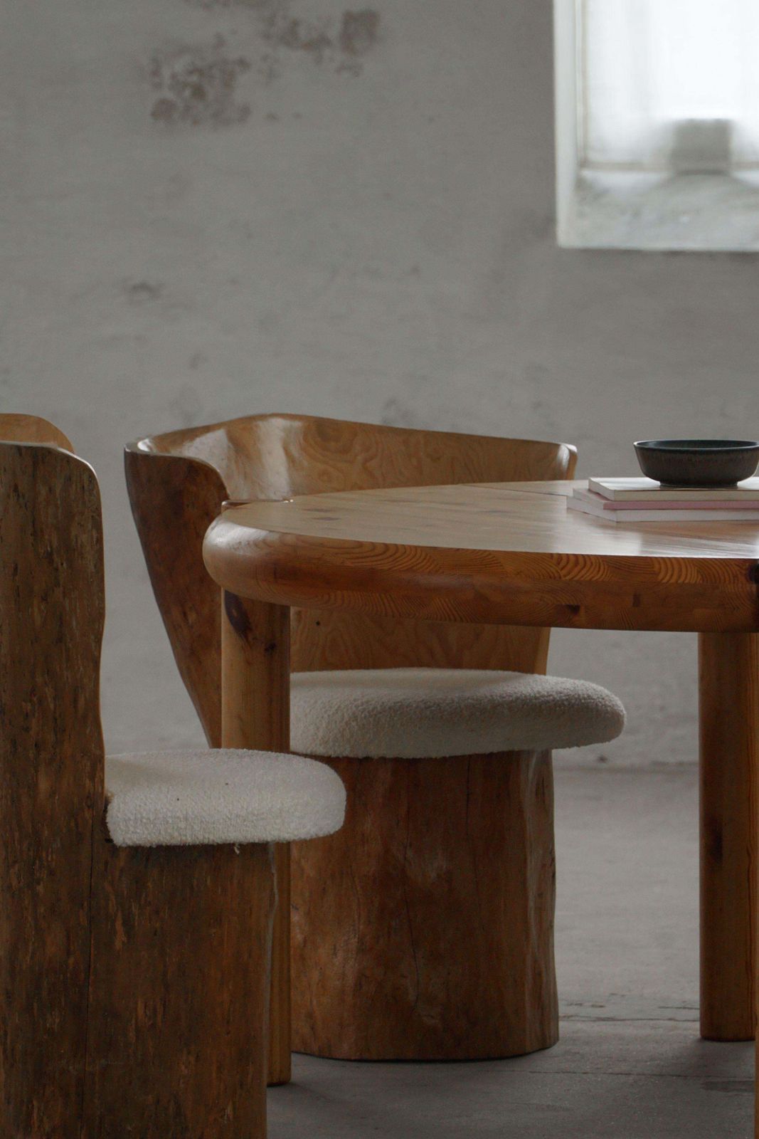 photo vintage Swedish Modern, Set Of Four Stump Chairs, Solid Wood With Bouclé Seats, 1960s