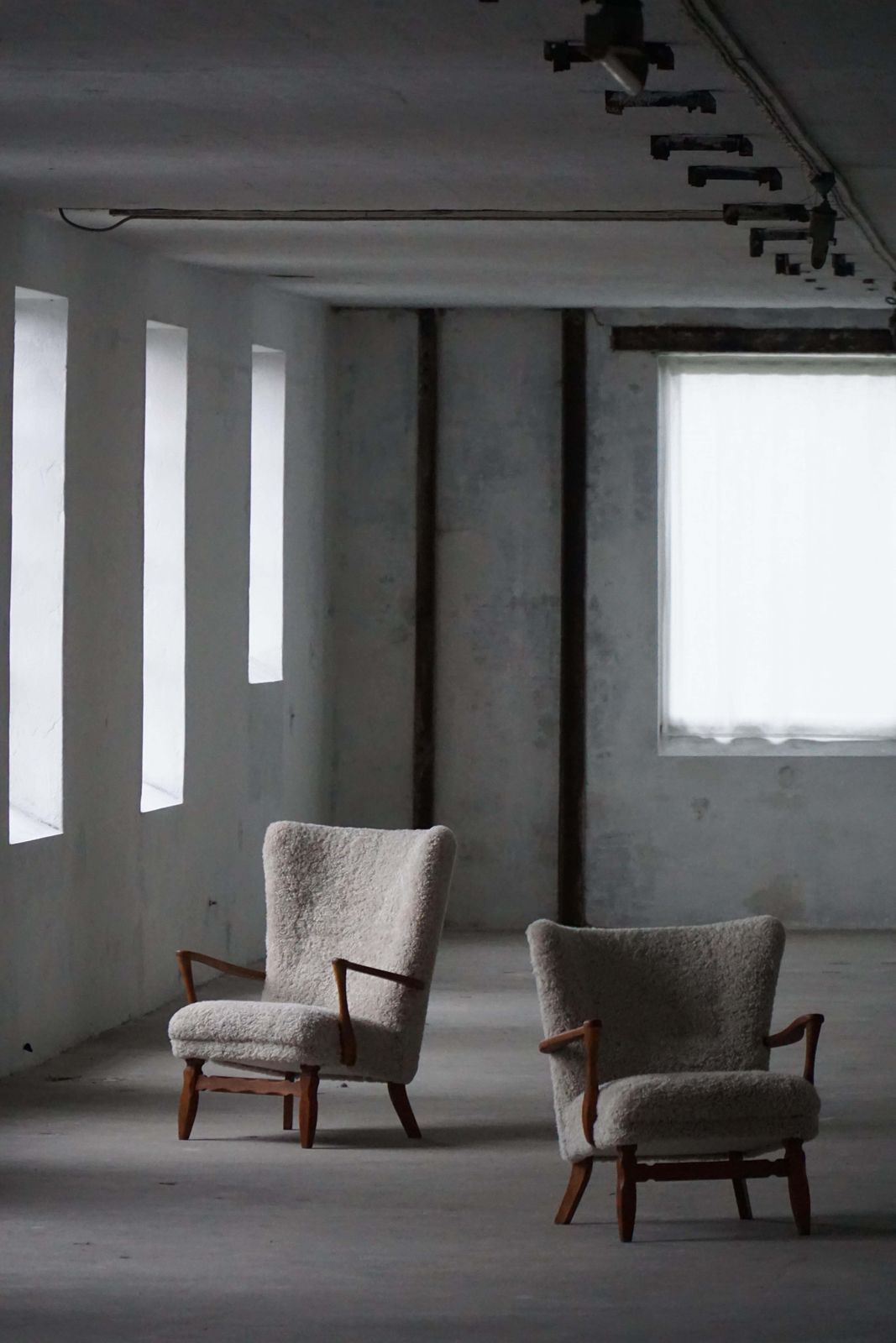 photo buy Viggo Boesen, Highback Chair In Oak & Shearling Lambswool, Danish Modern, 1950s