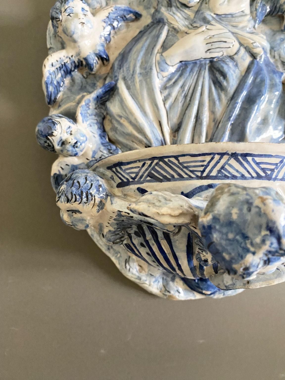 Italy Mid 20th Century White And Blue Pottery Holy Water Font With Little Angels photo vintage
