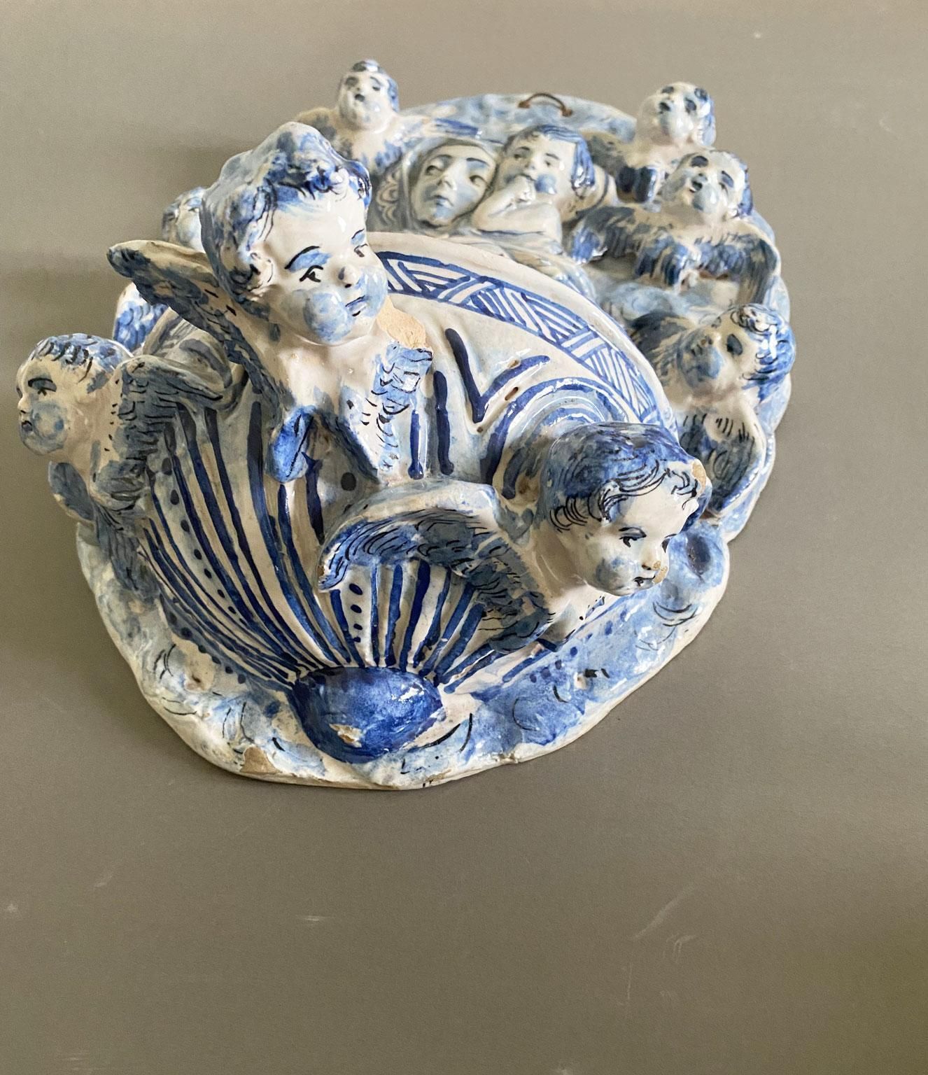 photo furniture Italy Mid 20th Century White And Blue Pottery Holy Water Font With Little Angels